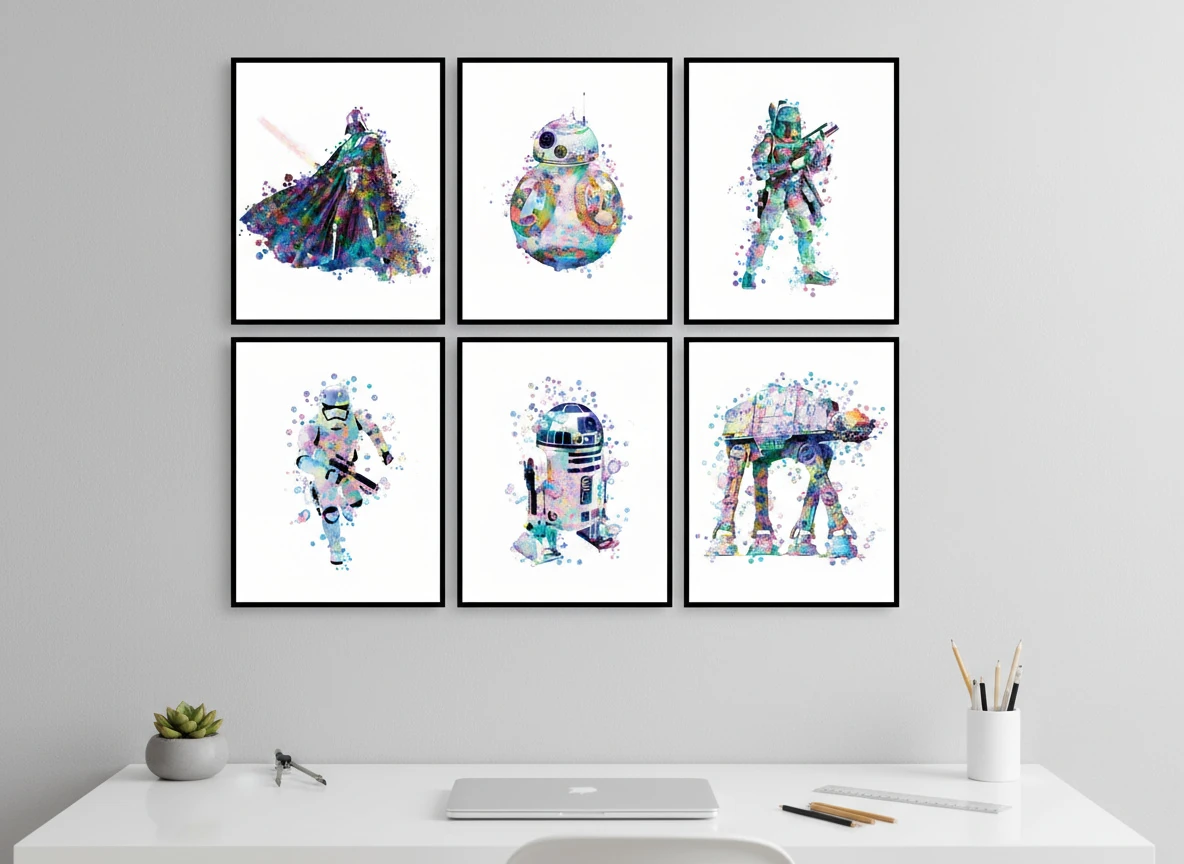 Star Wars Saga Watercolor Art Collection (6-Piece) - Darth Vader, Yoda, Millennium Falcon Prints - 8x10" Unframed Wall Decor
