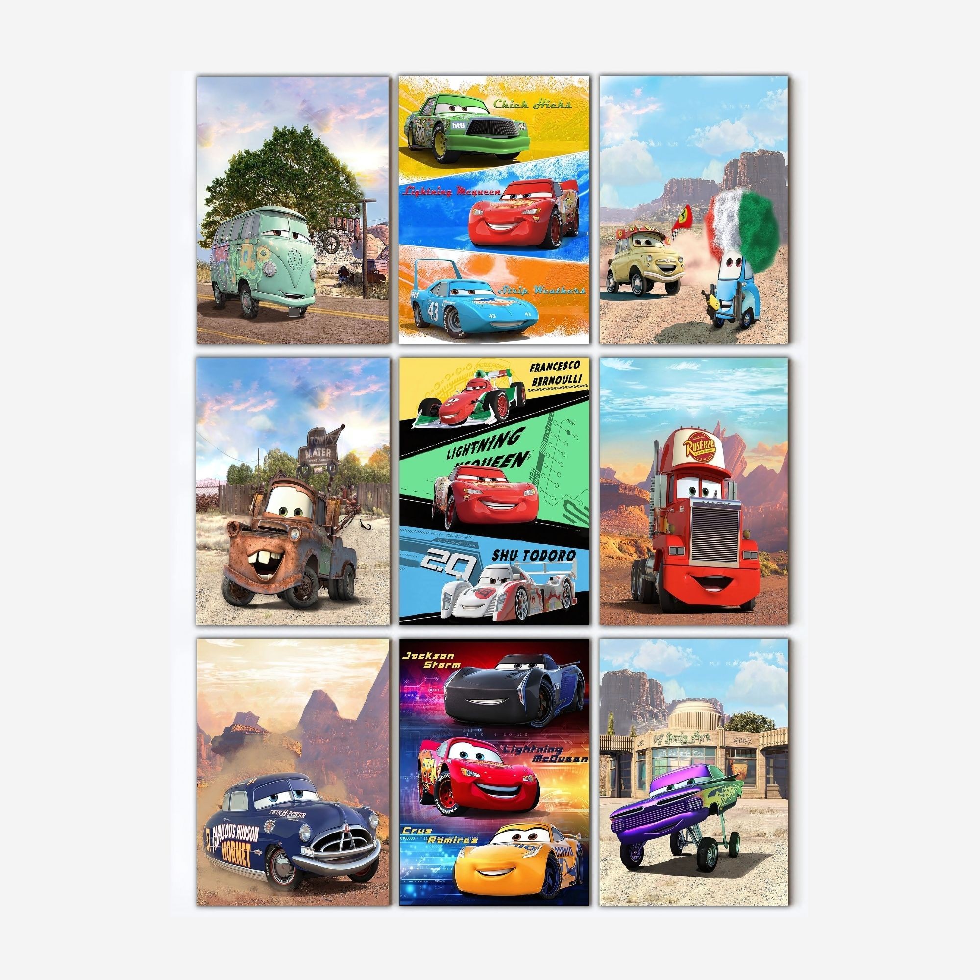Disney Cars Movie Posters & Prints - 8x10 Inches UNFRAMED Set of 9 Wall Art for Teen Boys Room and Girls Bedroom Decor - Birthday Gifts for Kids Room and Nursery