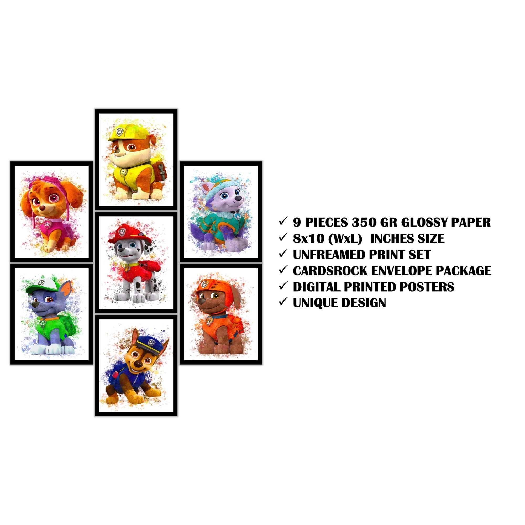 Paw Patrol Posters & Prints - 8x10 Inches UNFRAMED Set of 9 Puppy Wall Art for Teen Boys Room and Girls Bedroom Decor - Rubble, Zuma, Skye, Rocky,Marshall, Everest, Chase, Ryder Prints Birthday Gifts for Kids Room and Nursery
