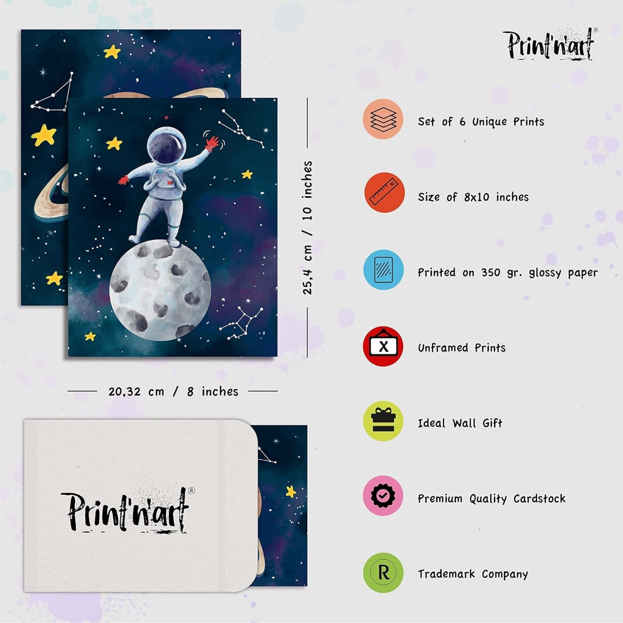 Outer Space Posters & Prints - 8x10 Inches UNFRAMED Set of 6 Universe Wall Art for Teen Boys Room and Girls Bedroom Decor - Earth, Sun, Moon, Saturn, Rocket, Stars, Astronout, Red Planet Prints Birthday Gifts for Kids Room and Nursery