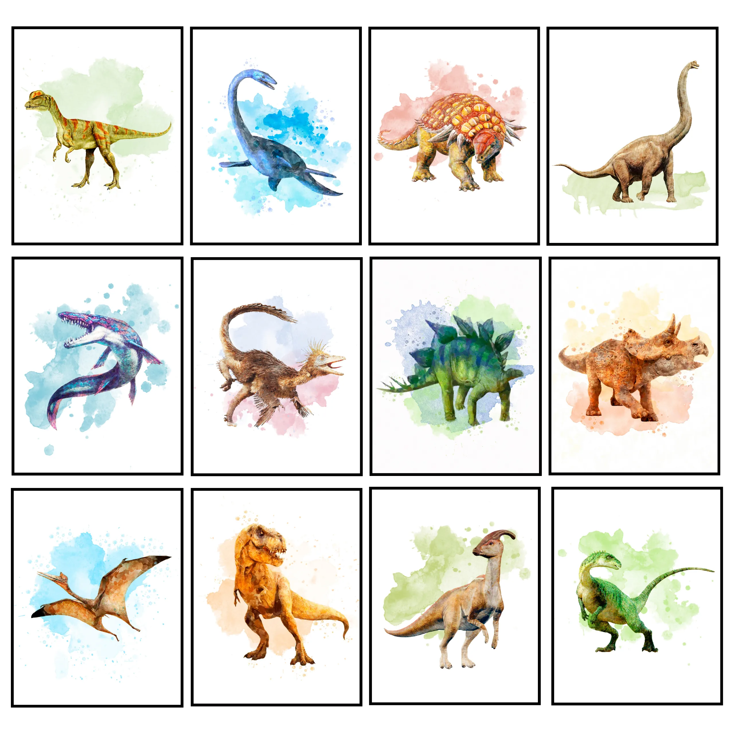 Mega Dinosaur Wall Art Poster Set - 12-Pack - T-Rex, Triceratops, Stegosaurus Prints - 8x10" Unframed Art for Kids Room & Nursery Decor)