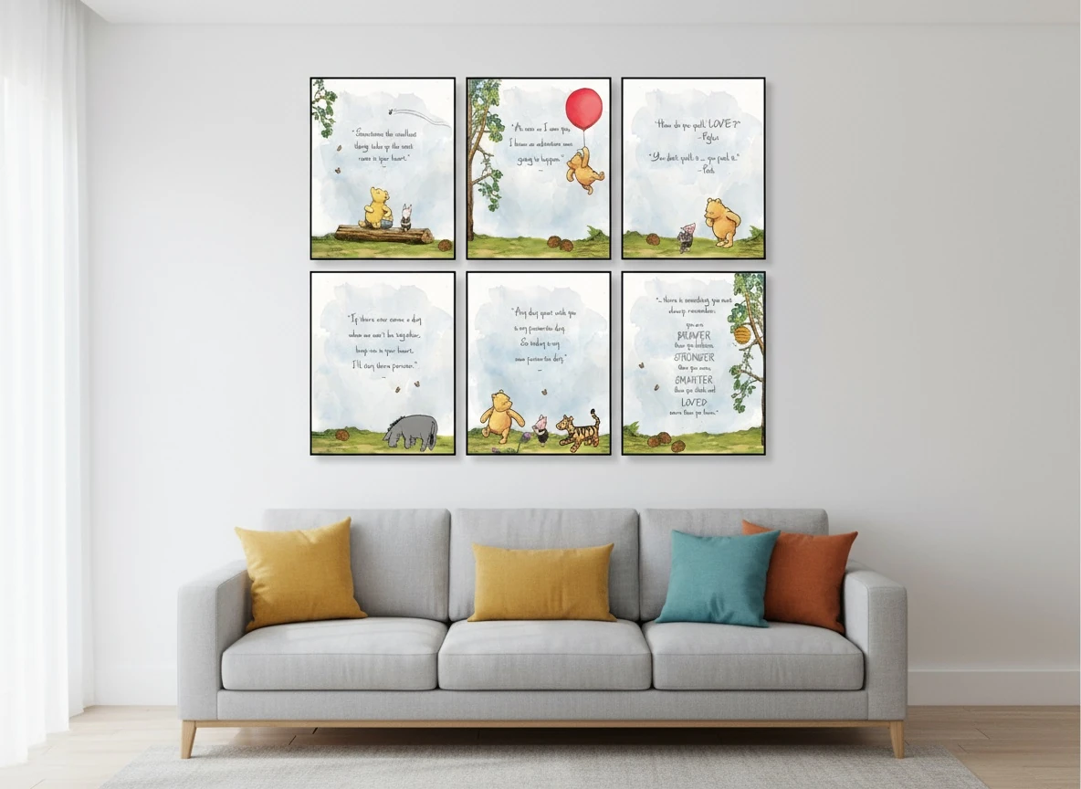 Vintage Winnie the Pooh & Friends Watercolor Prints - 6 Pcs - Piglet, Tigger, Eeyore Art - 8x10" Unframed Wall Decor