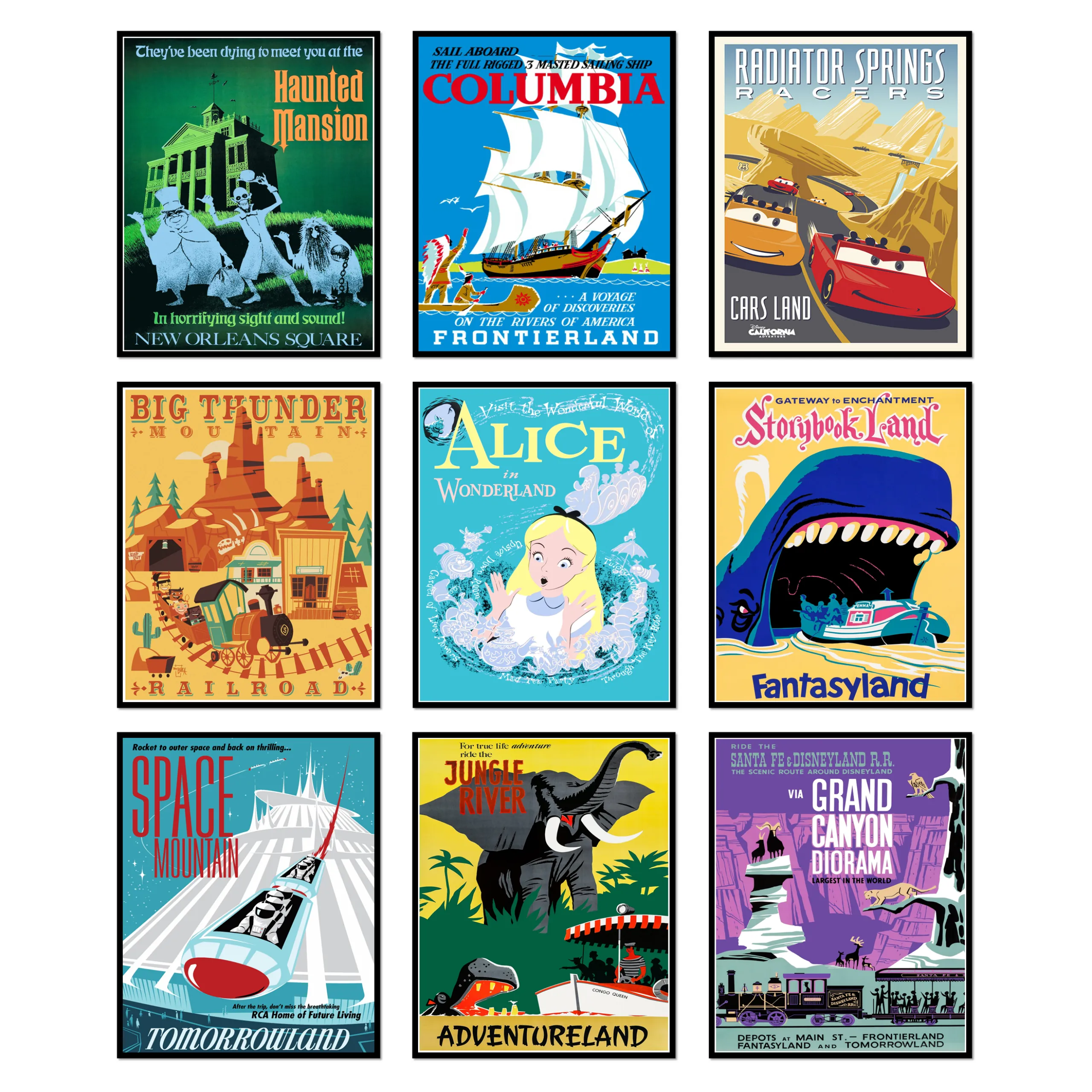 Iconic Disneyland Rides & Lands Art Collection (9-Piece) - Haunted Mansion, Space Mountain Prints - 8x10" Unframed Wall Decor