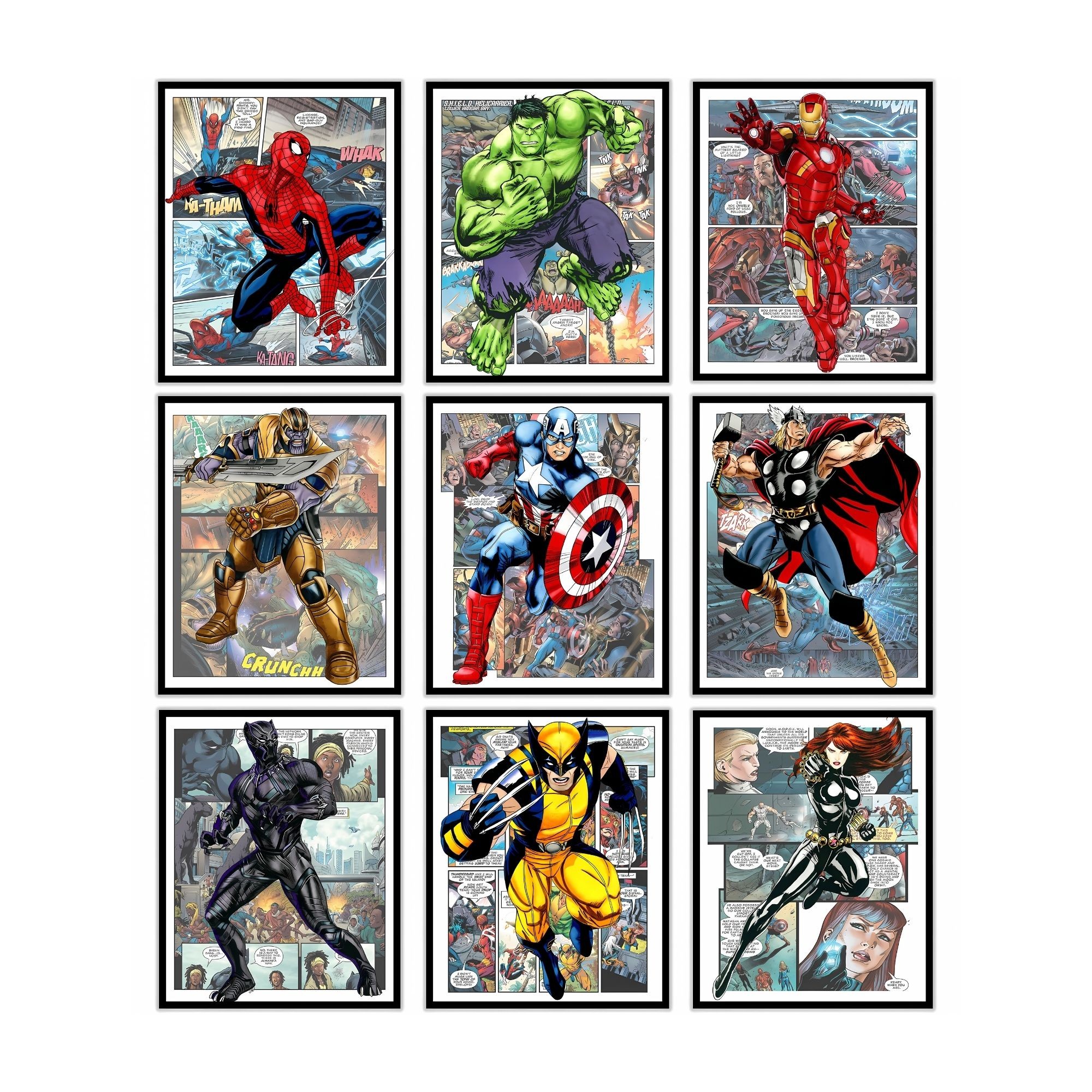 Superhero Marvel Avengers Posters & Prints - 8x10 Inches UNFRAMED Set of 9 Wall Art for Teen Boys Room and Girls Bedroom Decor - Birthday Gifts for Kids Room and Nursery.