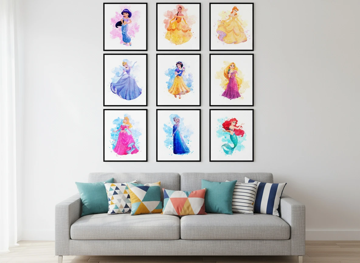 Ultimate Disney Princess Collection - 9 Pcs - Ariel, Cinderella, Belle Prints - 8x10" Unframed Art for Girls Room & Nursery Decor