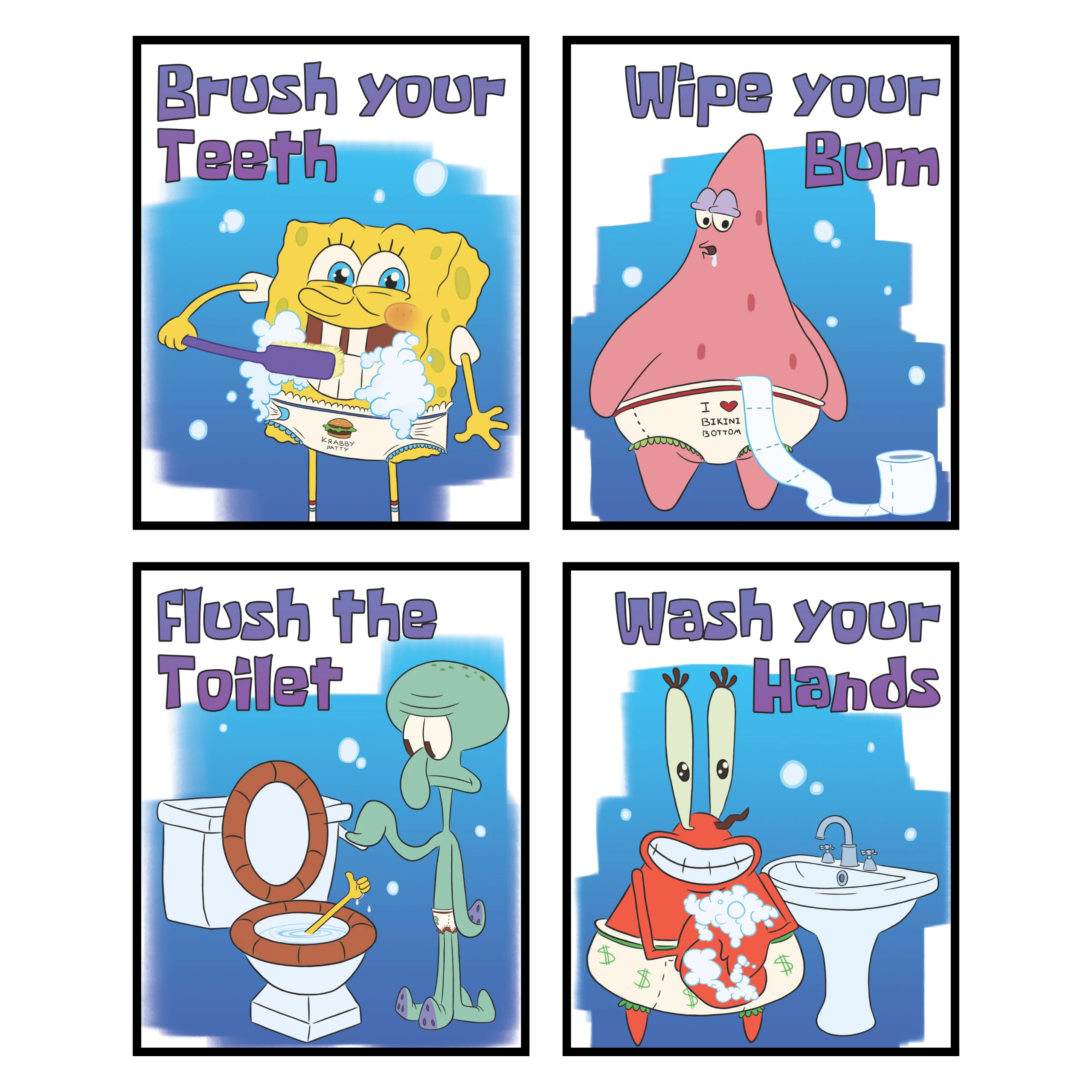 Spongebob Funny Bathroom Rules Poster Collection (4-Piece) - Squidward, Patrick, Krabs Art - 8x10" Unframed Wall Decor