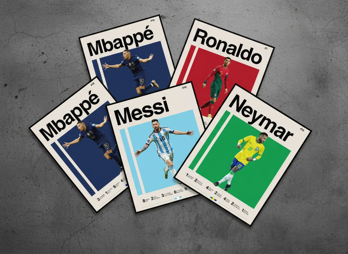 The GOATs of Football Poster Collection (4-Piece) - CR7, Leo Messi, Neymar Jr, Mbappé Wall Art - 8x10" Unframed Prints