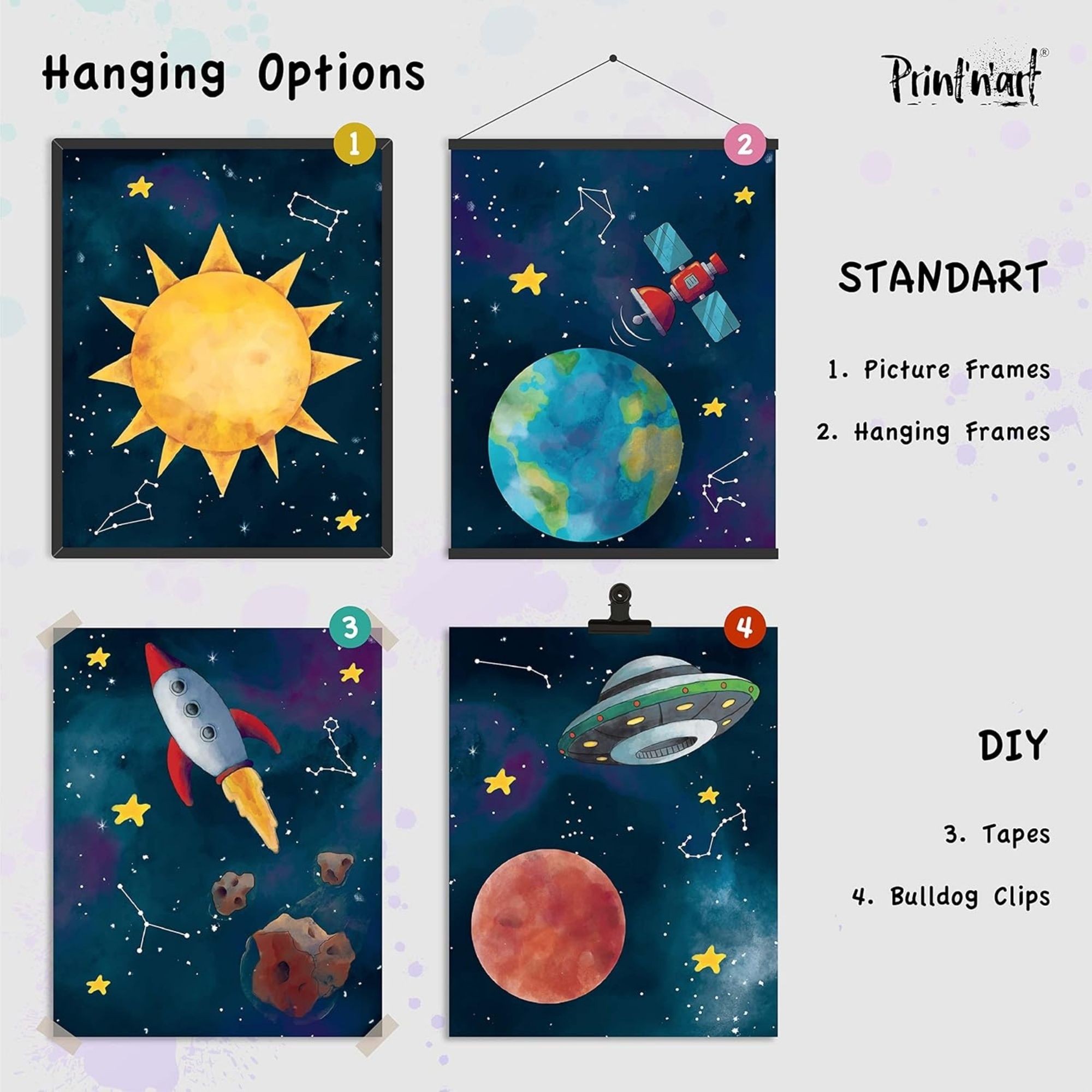 Outer Space Posters & Prints - 8x10 Inches UNFRAMED Set of 6 Universe Wall Art for Teen Boys Room and Girls Bedroom Decor - Earth, Sun, Moon, Saturn, Rocket, Stars, Astronout, Red Planet Prints Birthday Gifts for Kids Room and Nursery