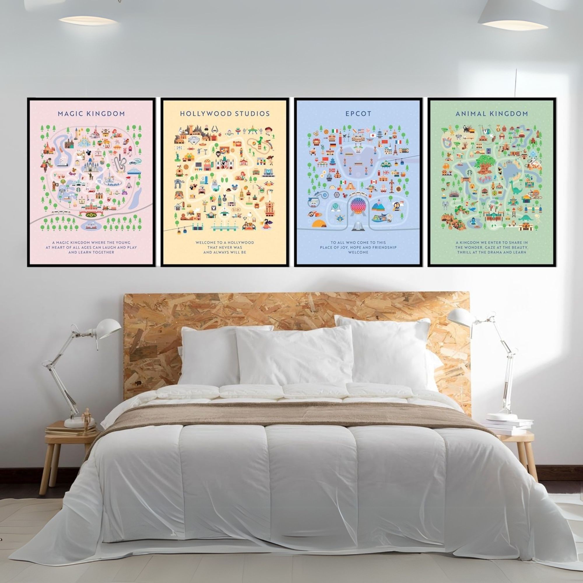 Disneyland Amusement Park Posters - 12x16 Inches UNFRAMED Set of 4 Entertainment Wall Art for Teen Boys Room and Girls Bedroom Decor - Magic Kingdom, Epcot, Hollywood Studios, Animal Kingdom Themed Prints Birthday Gifts for Kids Room and Nursery