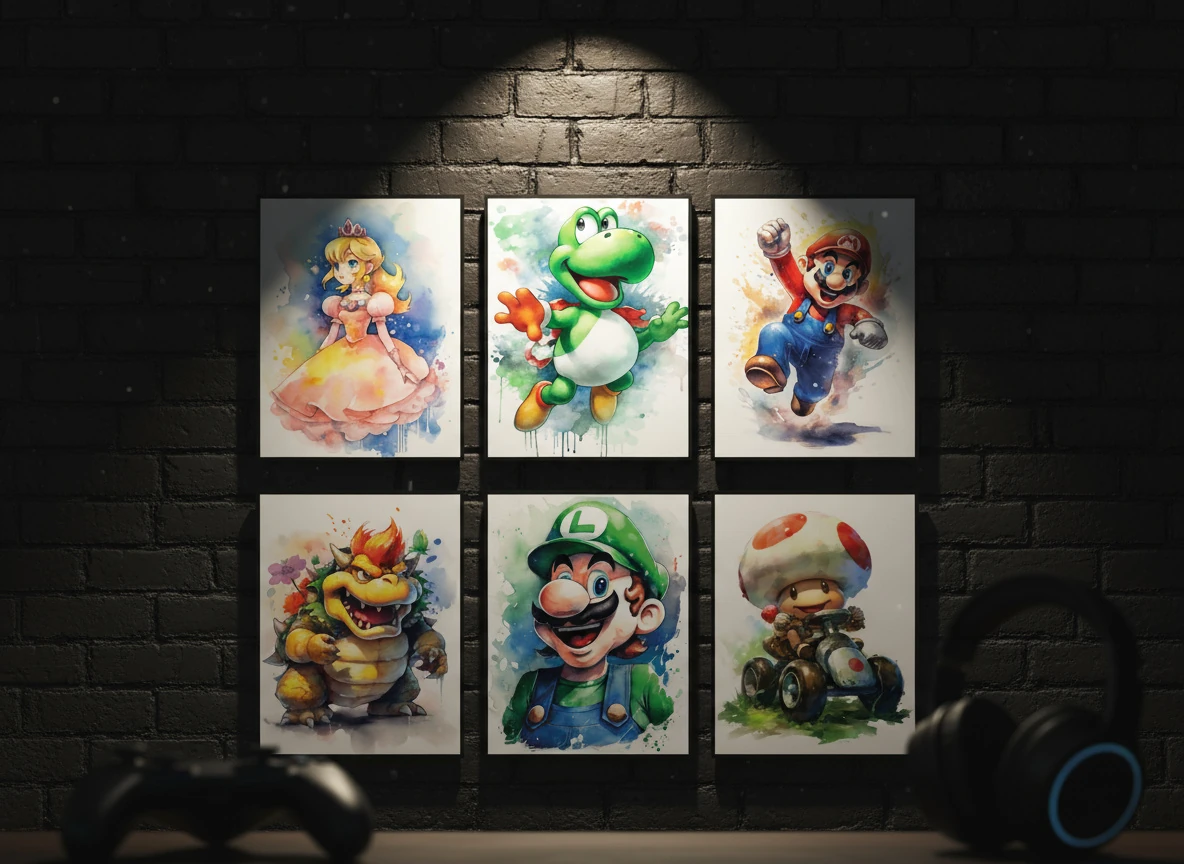 Vintage Super Mario Arcade Cabinet Poster Collection (6-Piece) - 8x10" Unframed Wall Art for Nintendo Gamer Room Decor