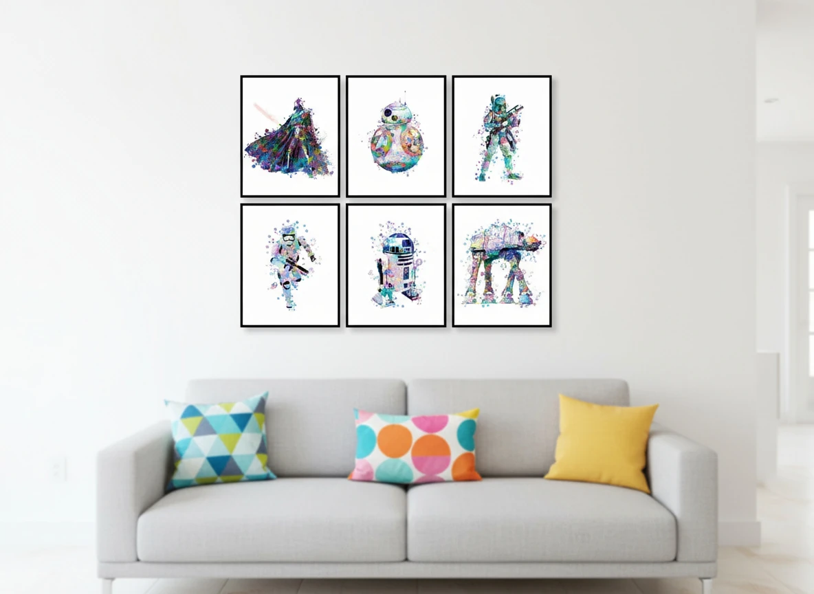 Star Wars Saga Watercolor Art Collection (6-Piece) - Darth Vader, Yoda, Millennium Falcon Prints - 8x10" Unframed Wall Decor
