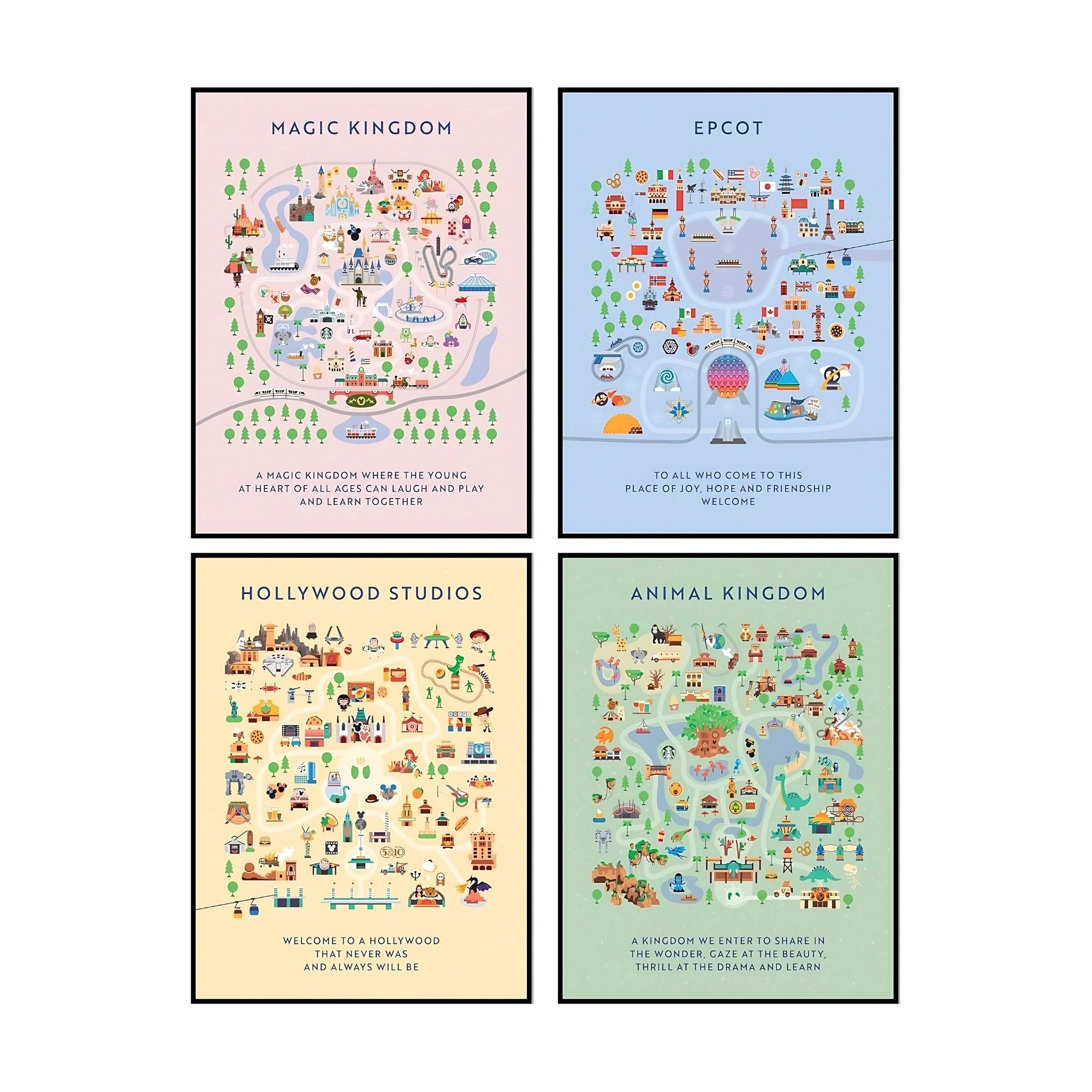 Disneyland Amusement Park Posters - 12x16 Inches UNFRAMED Set of 4 Entertainment Wall Art for Teen Boys Room and Girls Bedroom Decor - Magic Kingdom, Epcot, Hollywood Studios, Animal Kingdom Themed Prints Birthday Gifts for Kids Room and Nursery