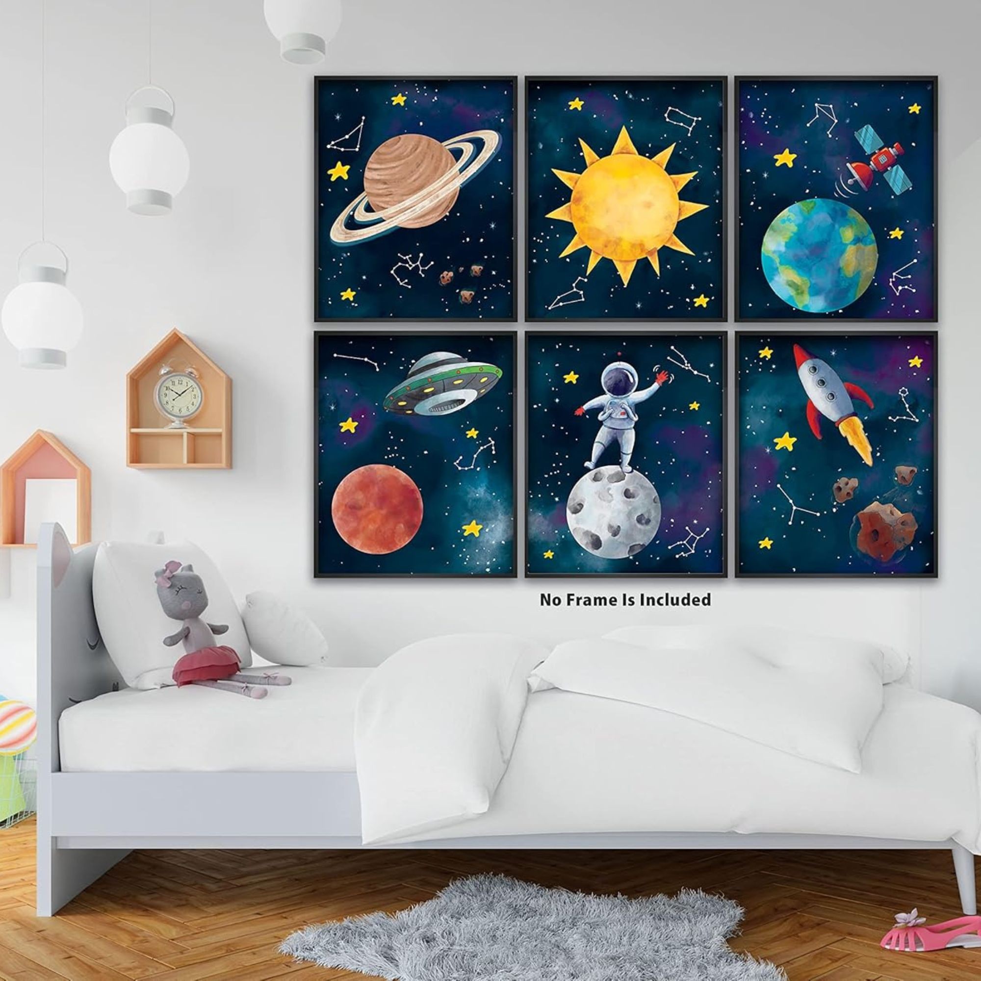 Outer Space Posters & Prints - 8x10 Inches UNFRAMED Set of 6 Universe Wall Art for Teen Boys Room and Girls Bedroom Decor - Earth, Sun, Moon, Saturn, Rocket, Stars, Astronout, Red Planet Prints Birthday Gifts for Kids Room and Nursery
