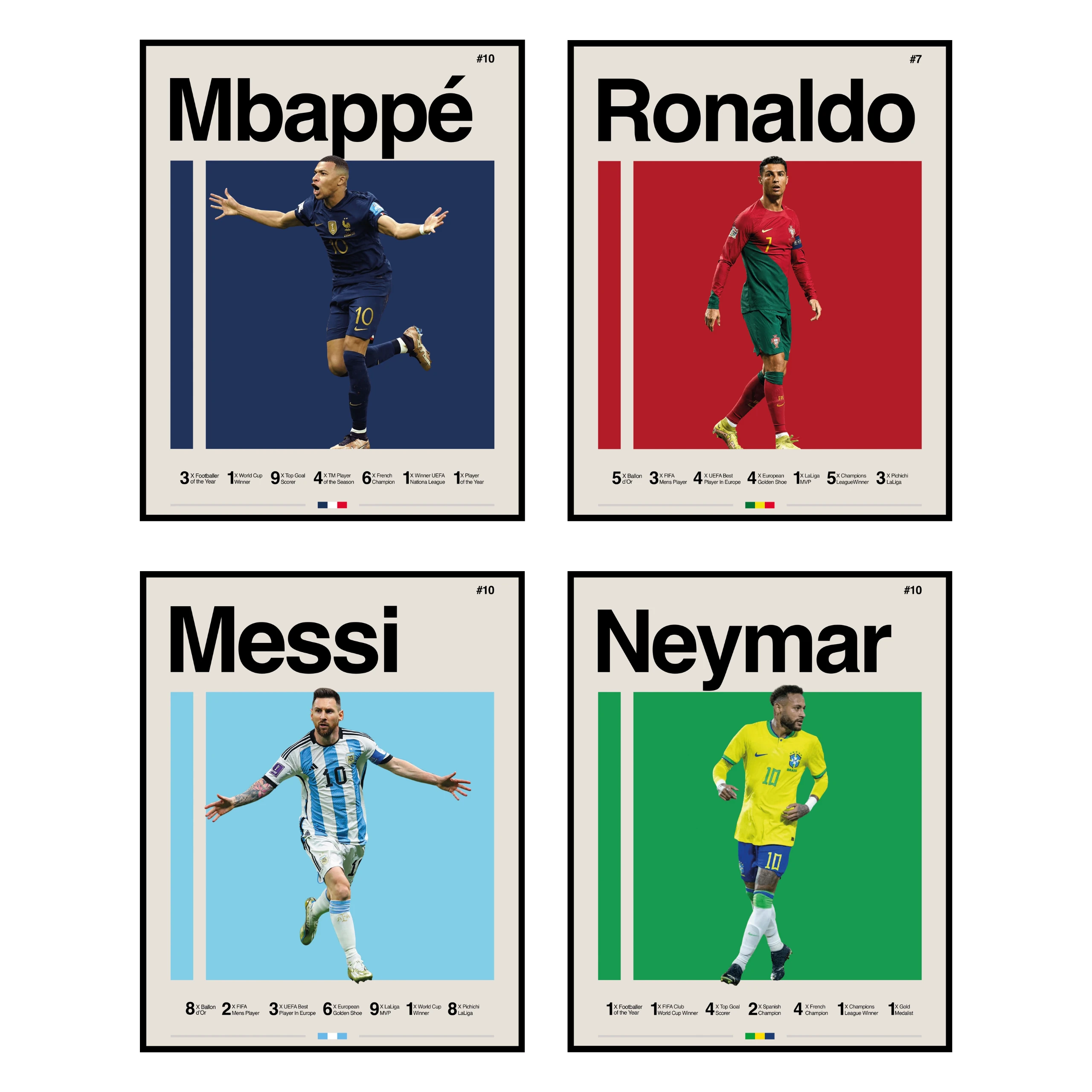 The GOATs of Football Poster Collection (4-Piece) - CR7, Leo Messi, Neymar Jr, Mbappé Wall Art - 8x10" Unframed Prints