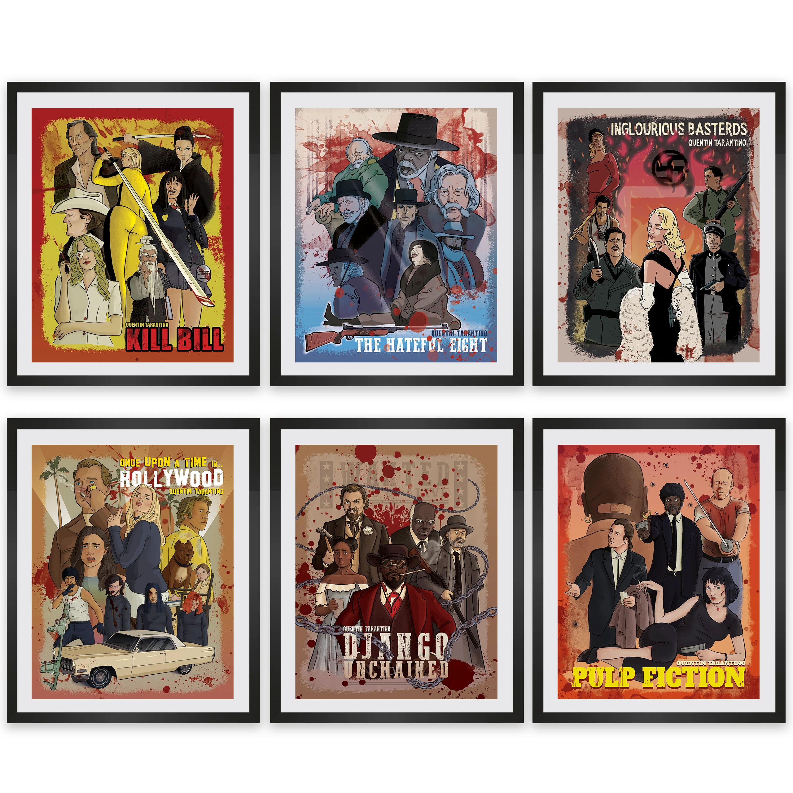 Quentin Tarantino Masterpiece Collection Movie Poster Set (6-Pack) - Pulp Fiction, Kill Bill, Django, Hateful Eight, Inglourious Basterds, Once Upon a Time in Hollywood - 11x14" Unframed Art Print on 350gsm Card)