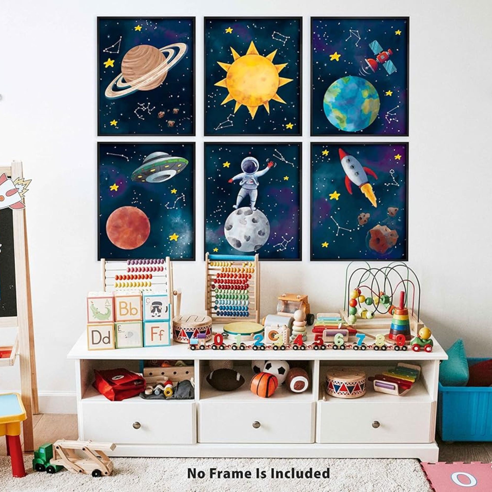Outer Space Posters & Prints - 8x10 Inches UNFRAMED Set of 6 Universe Wall Art for Teen Boys Room and Girls Bedroom Decor - Earth, Sun, Moon, Saturn, Rocket, Stars, Astronout, Red Planet Prints Birthday Gifts for Kids Room and Nursery