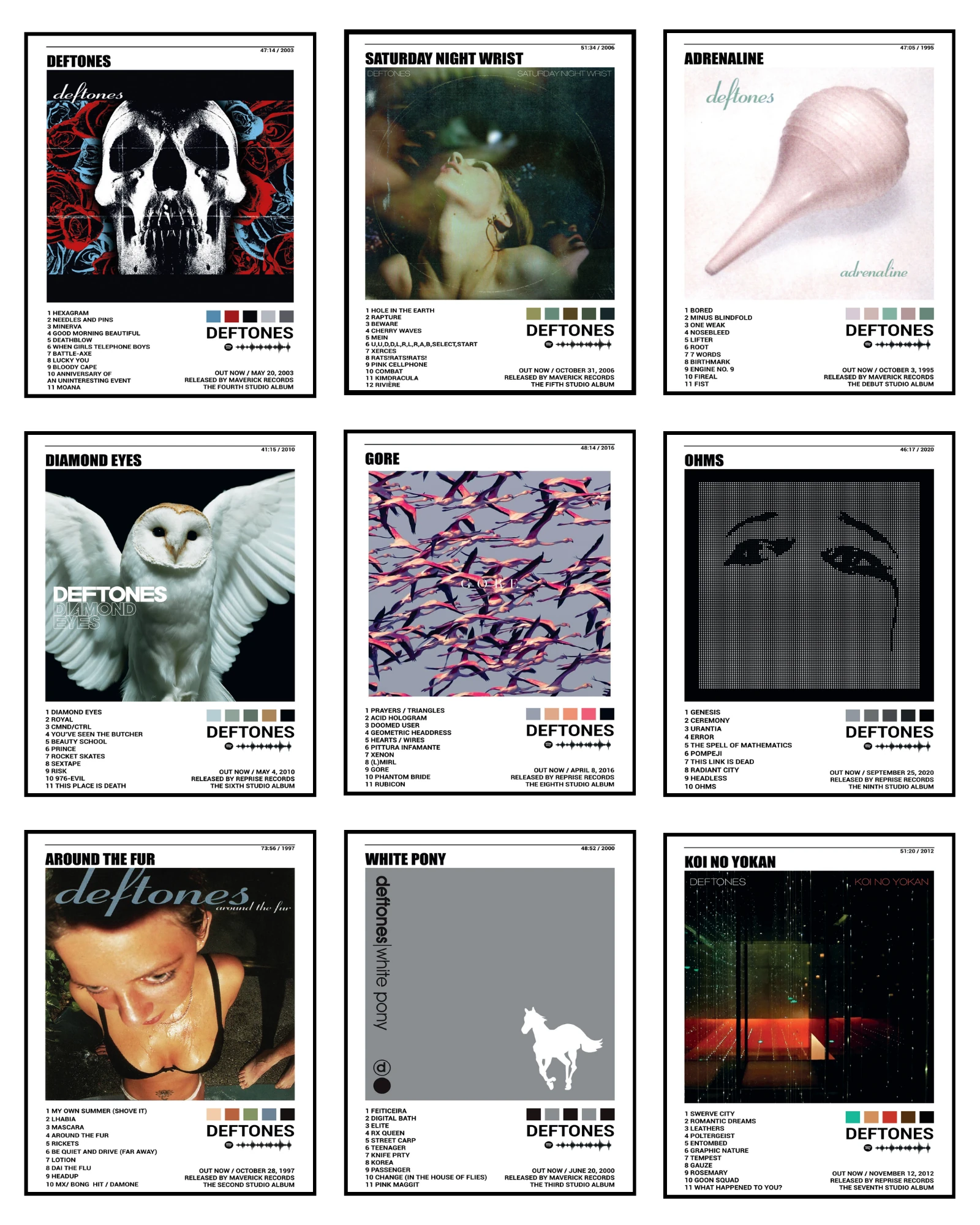 Deftones Full Discography Album Cover Poster Set (9-Pack) - Unframed 8x10" Prints - Perfect for Gallery Walls