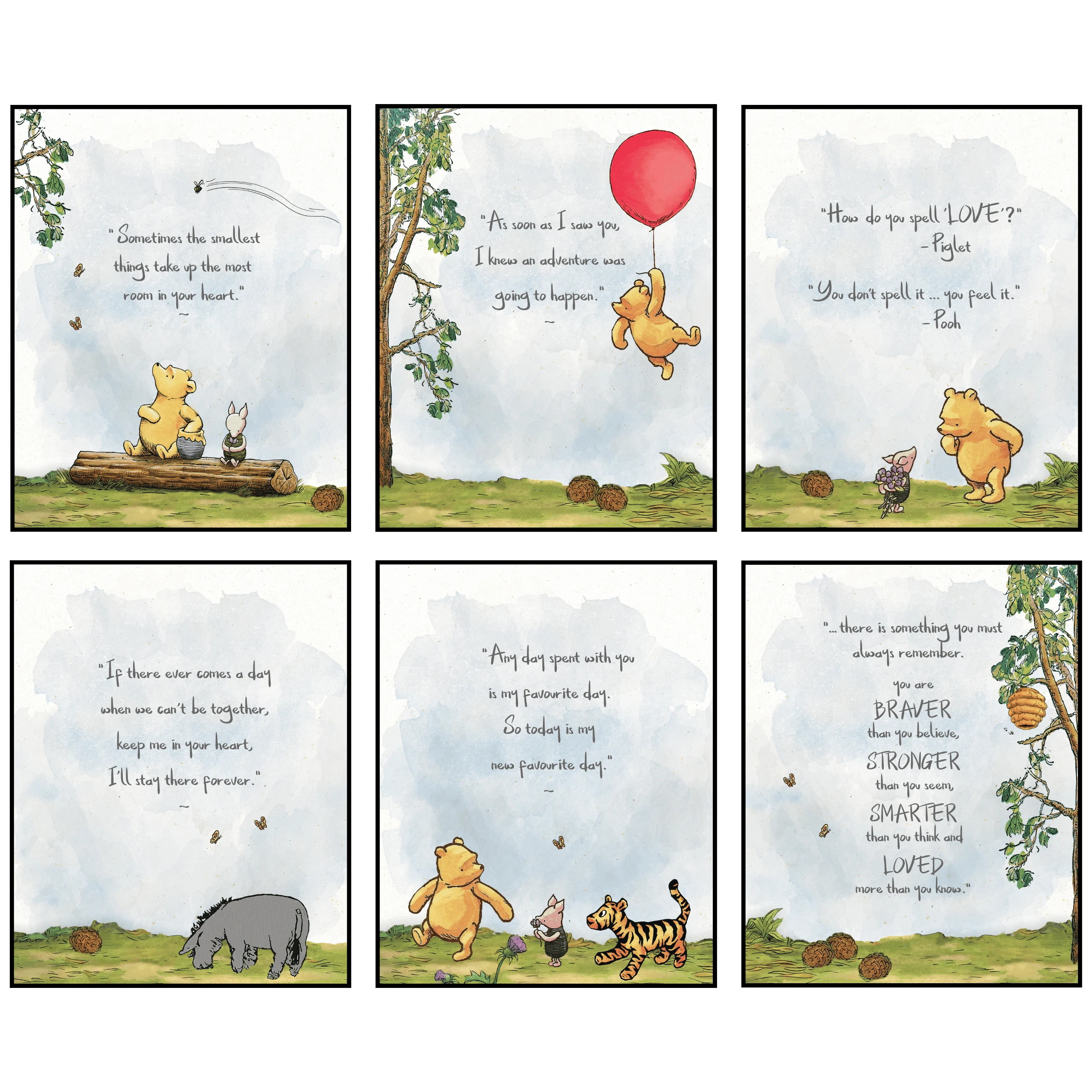 Vintage Winnie the Pooh & Friends Watercolor Prints - 6 Pcs - Piglet, Tigger, Eeyore Art - 8x10" Unframed Wall Decor