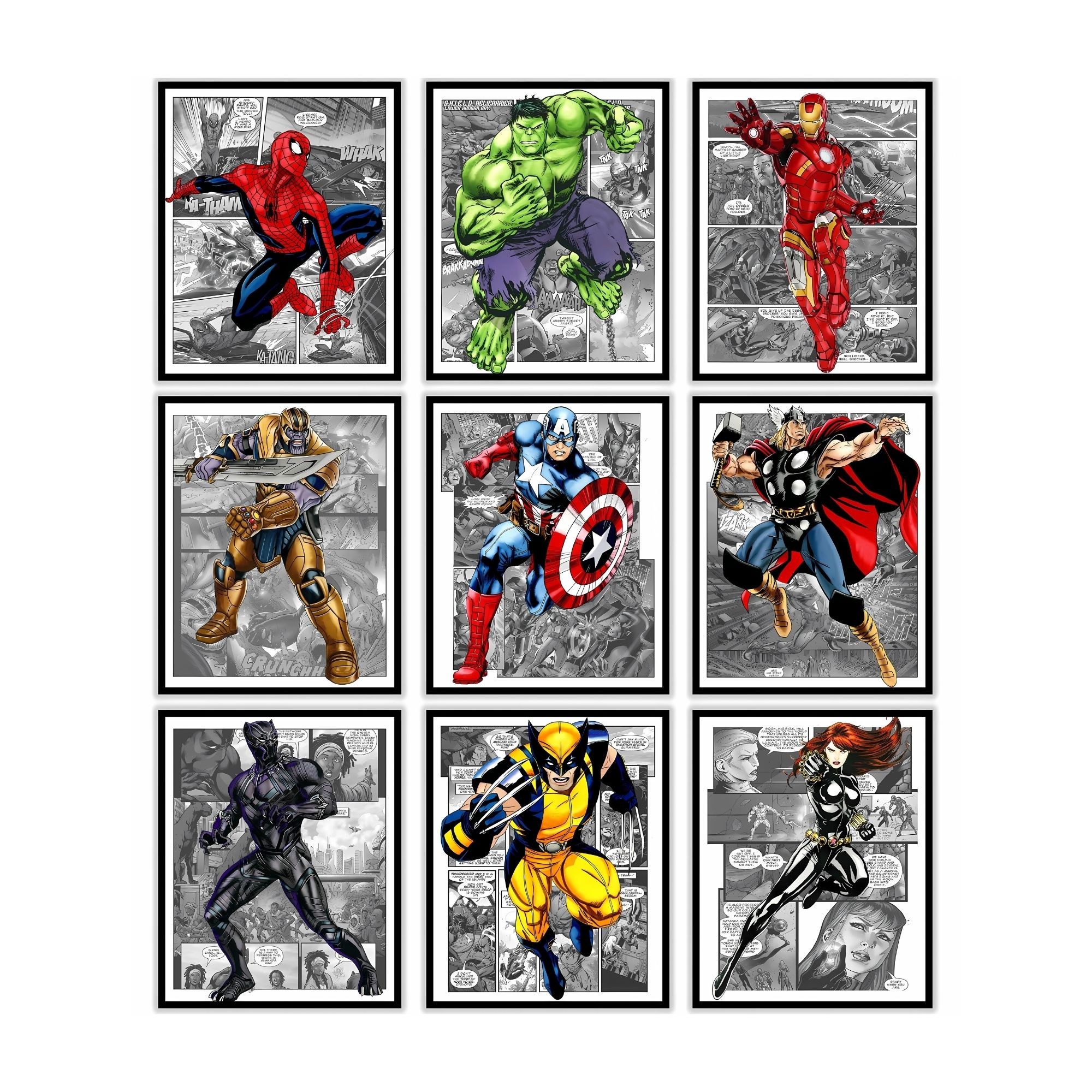 Superhero Marvel Avengers Colored Posters & Prints - 8x10 Inches UNFRAMED Set of 9 Wall Art for Teen Boys Room and Girls Bedroom Decor - Birthday Gifts for Kids Room and Nursery.
