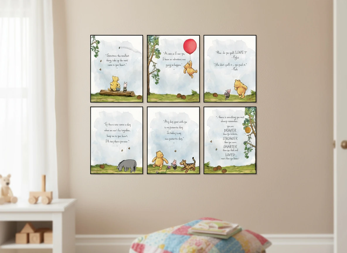 Vintage Winnie the Pooh & Friends Watercolor Prints - 6 Pcs - Piglet, Tigger, Eeyore Art - 8x10" Unframed Wall Decor