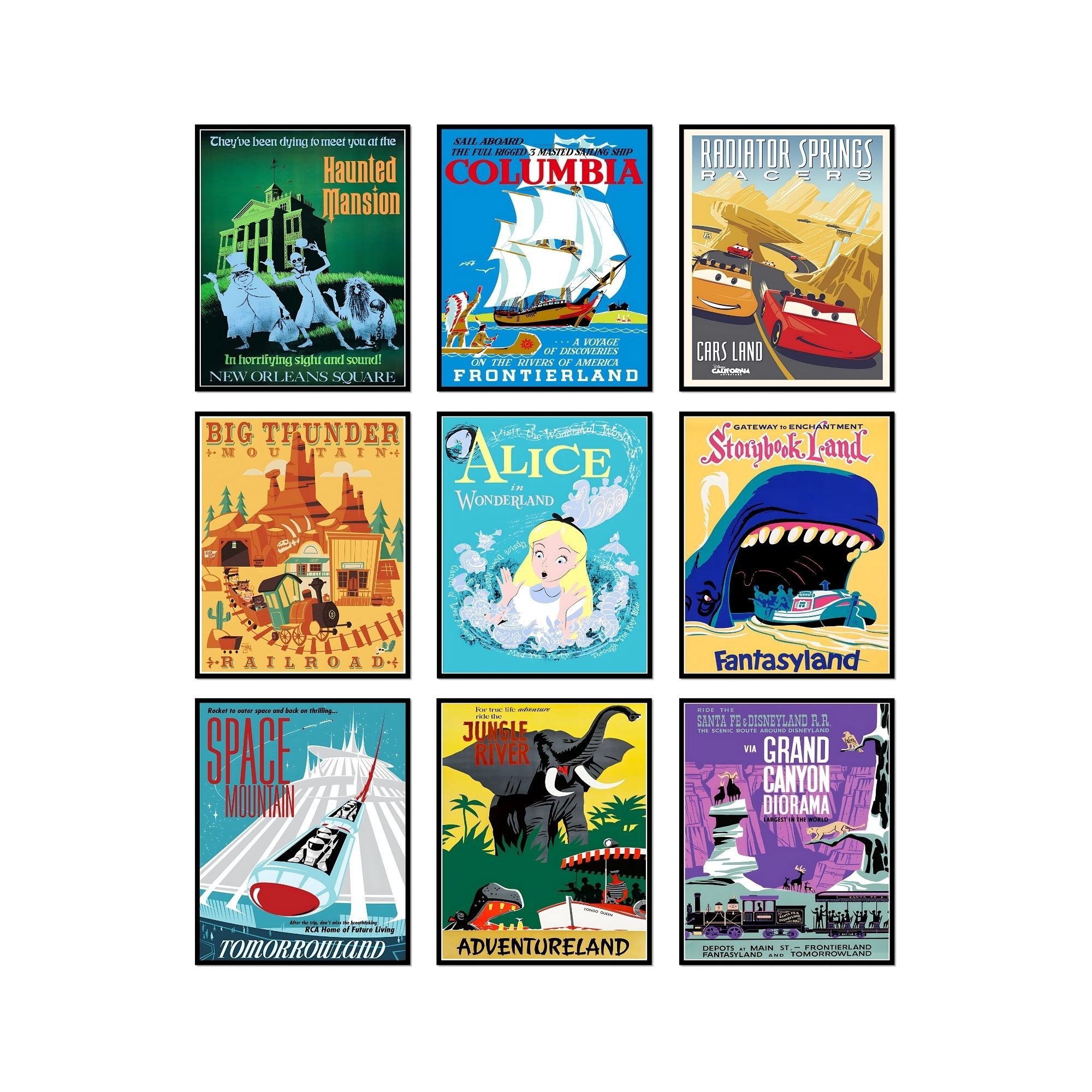 Disneyland Amusement Park Posters - 8x10 Inches UNFRAMED Set of 9 Entertainment Wall Art for Teen Boys Room and Girls Bedroom Decor - Storybook Land, Haunted Mansion, Big Thunder Mountain, Jungle River, Space Mountain, Alice in Wonderland Themed Prints