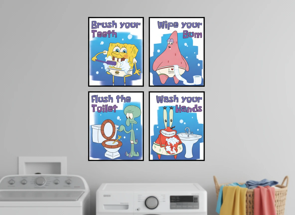 Spongebob Funny Bathroom Rules Poster Collection (4-Piece) - Squidward, Patrick, Krabs Art - 8x10" Unframed Wall Decor
