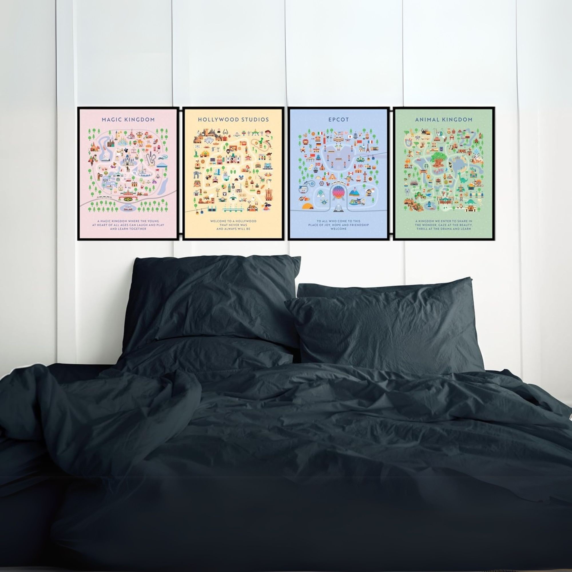 Disneyland Amusement Park Posters - 12x16 Inches UNFRAMED Set of 4 Entertainment Wall Art for Teen Boys Room and Girls Bedroom Decor - Magic Kingdom, Epcot, Hollywood Studios, Animal Kingdom Themed Prints Birthday Gifts for Kids Room and Nursery