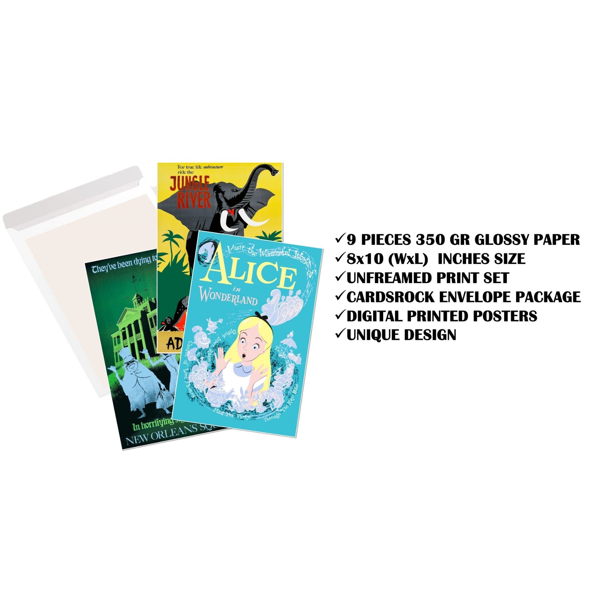 Disneyland Amusement Park Posters - 8x10 Inches UNFRAMED Set of 9 Entertainment Wall Art for Teen Boys Room and Girls Bedroom Decor - Storybook Land, Haunted Mansion, Big Thunder Mountain, Jungle River, Space Mountain, Alice in Wonderland Themed Prints