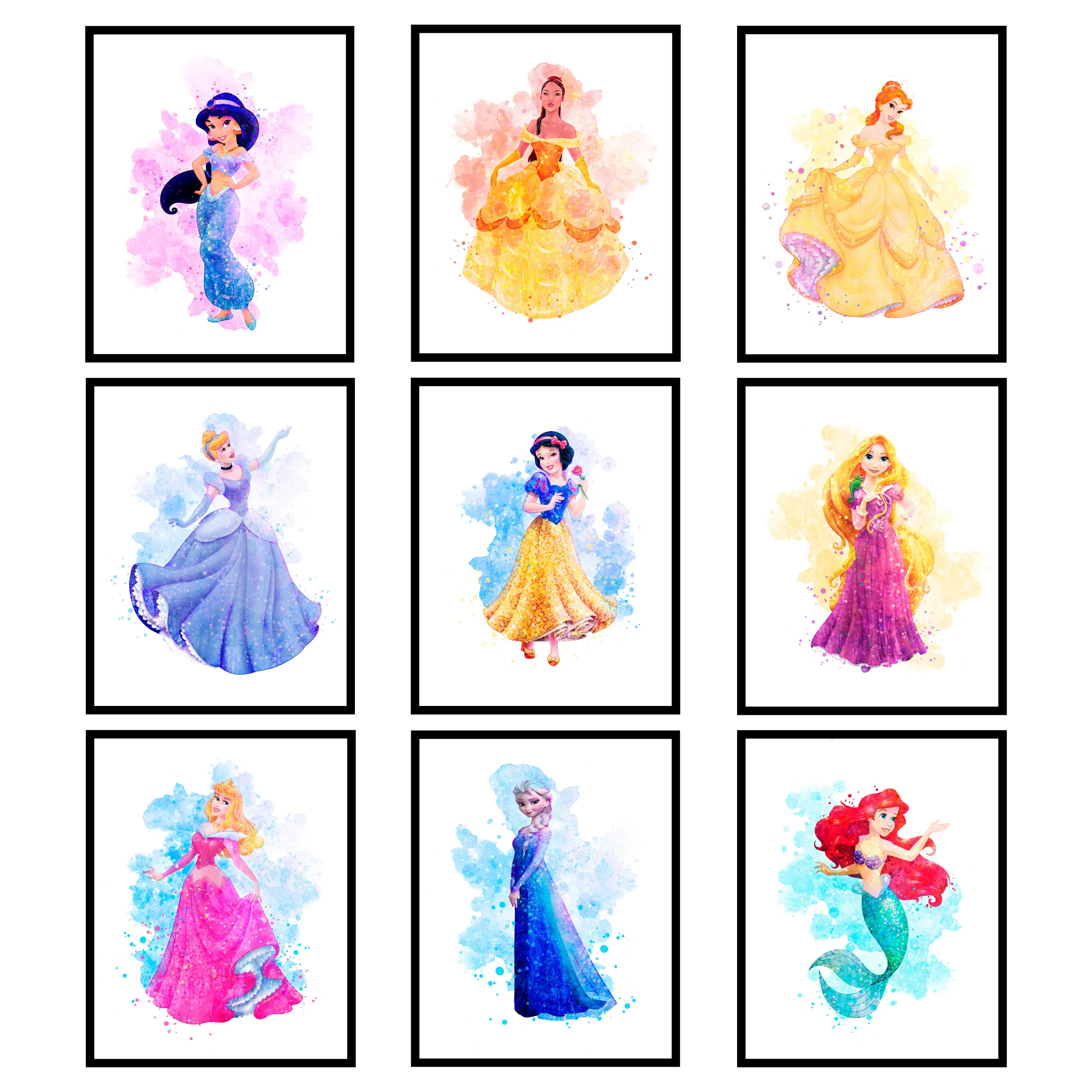 Ultimate Disney Princess Collection - 9 Pcs - Ariel, Cinderella, Belle Prints - 8x10" Unframed Art for Girls Room & Nursery Decor