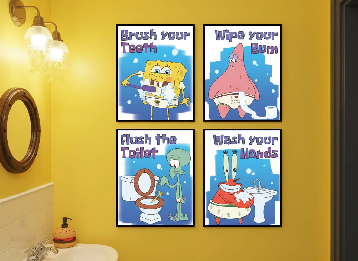 Spongebob Funny Bathroom Rules Poster Collection (4-Piece) - Squidward, Patrick, Krabs Art - 8x10" Unframed Wall Decor