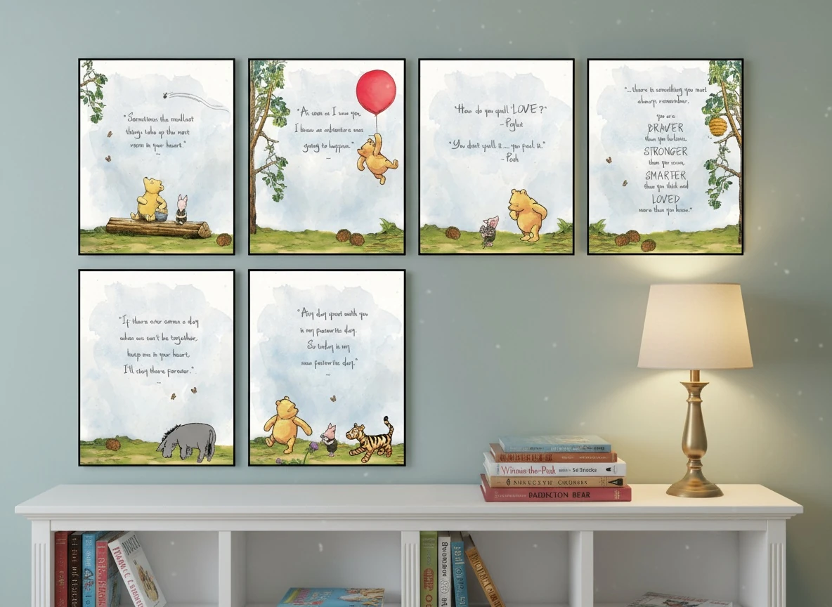 Vintage Winnie the Pooh & Friends Watercolor Prints - 6 Pcs - Piglet, Tigger, Eeyore Art - 8x10" Unframed Wall Decor