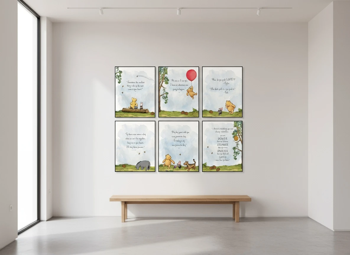 Vintage Winnie the Pooh & Friends Watercolor Prints - 6 Pcs - Piglet, Tigger, Eeyore Art - 8x10" Unframed Wall Decor