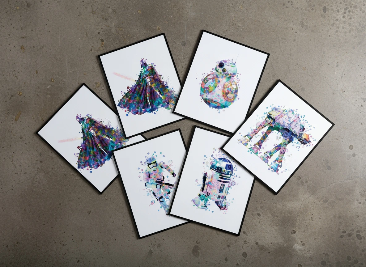 Star Wars Saga Watercolor Art Collection (6-Piece) - Darth Vader, Yoda, Millennium Falcon Prints - 8x10" Unframed Wall Decor