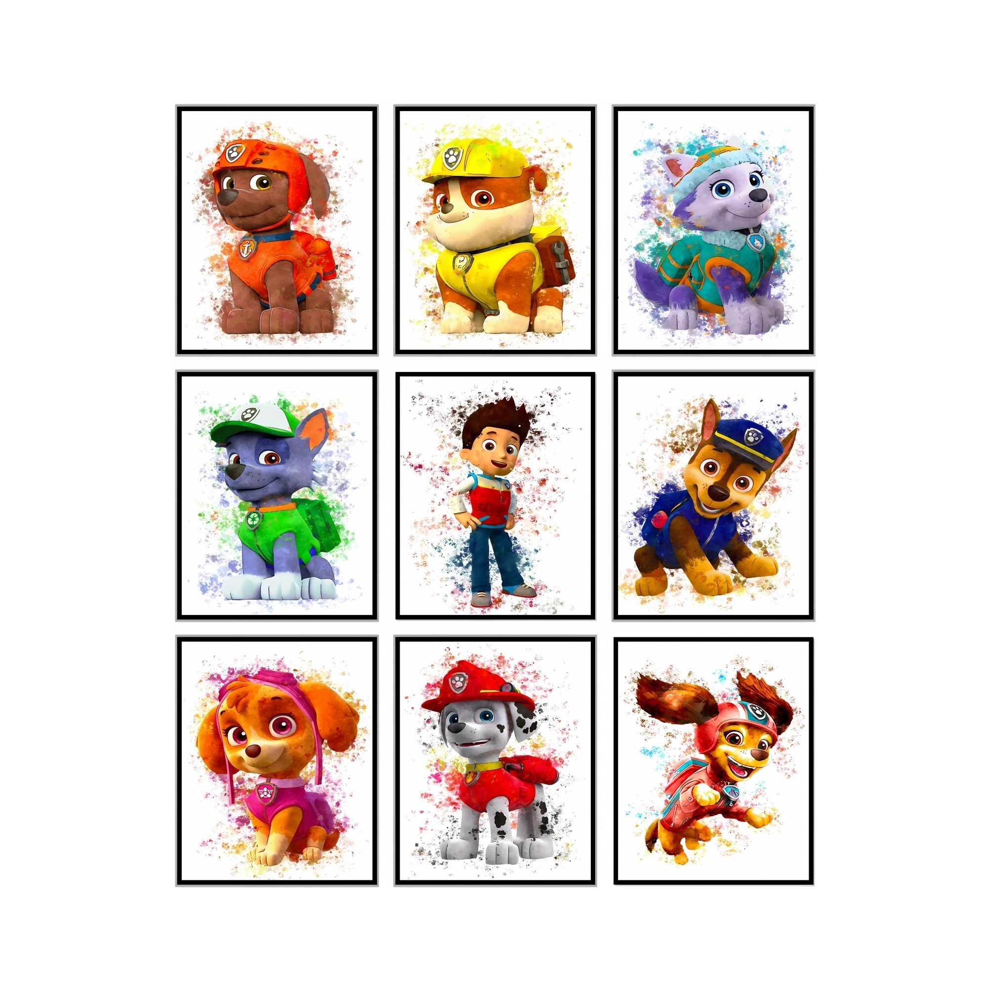 Paw Patrol Posters & Prints - 8x10 Inches UNFRAMED Set of 9 Puppy Wall Art for Teen Boys Room and Girls Bedroom Decor - Rubble, Zuma, Skye, Rocky,Marshall, Everest, Chase, Ryder Prints Birthday Gifts for Kids Room and Nursery