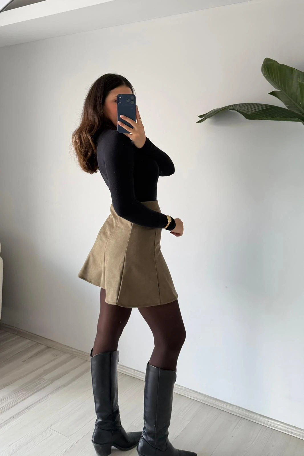 A Kesim Süet Mini Etek – Haki