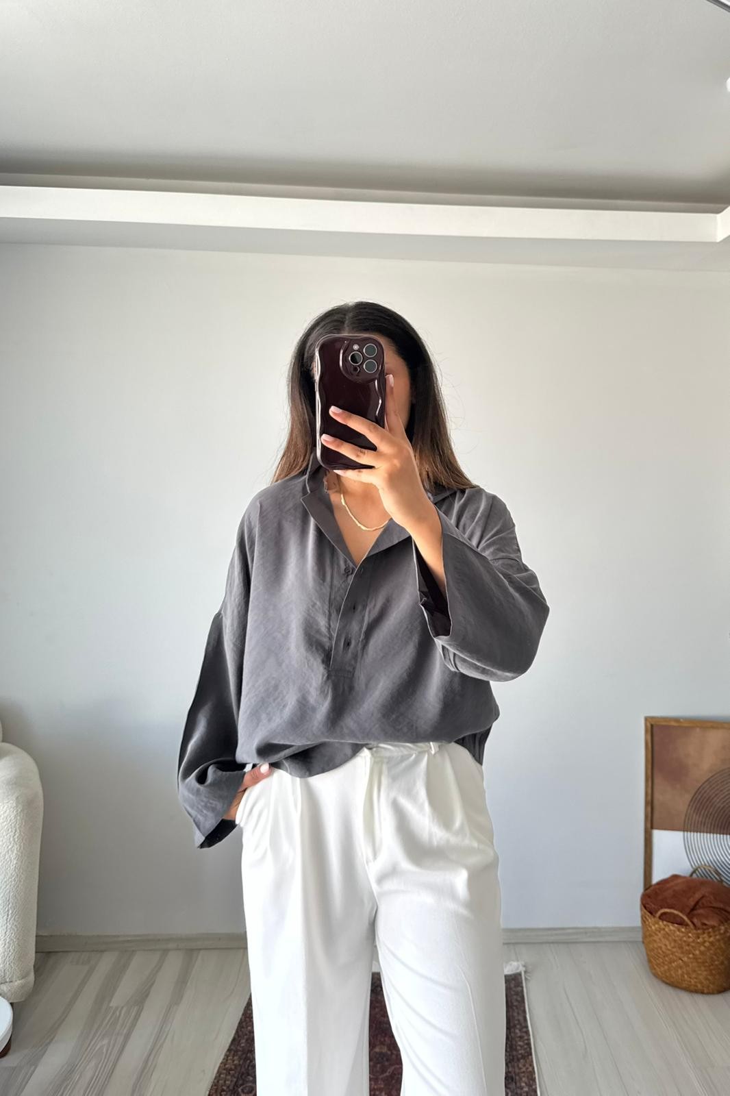 Gamla Oversize Keten Dokulu Polo Yaka Gömlek - antrasit