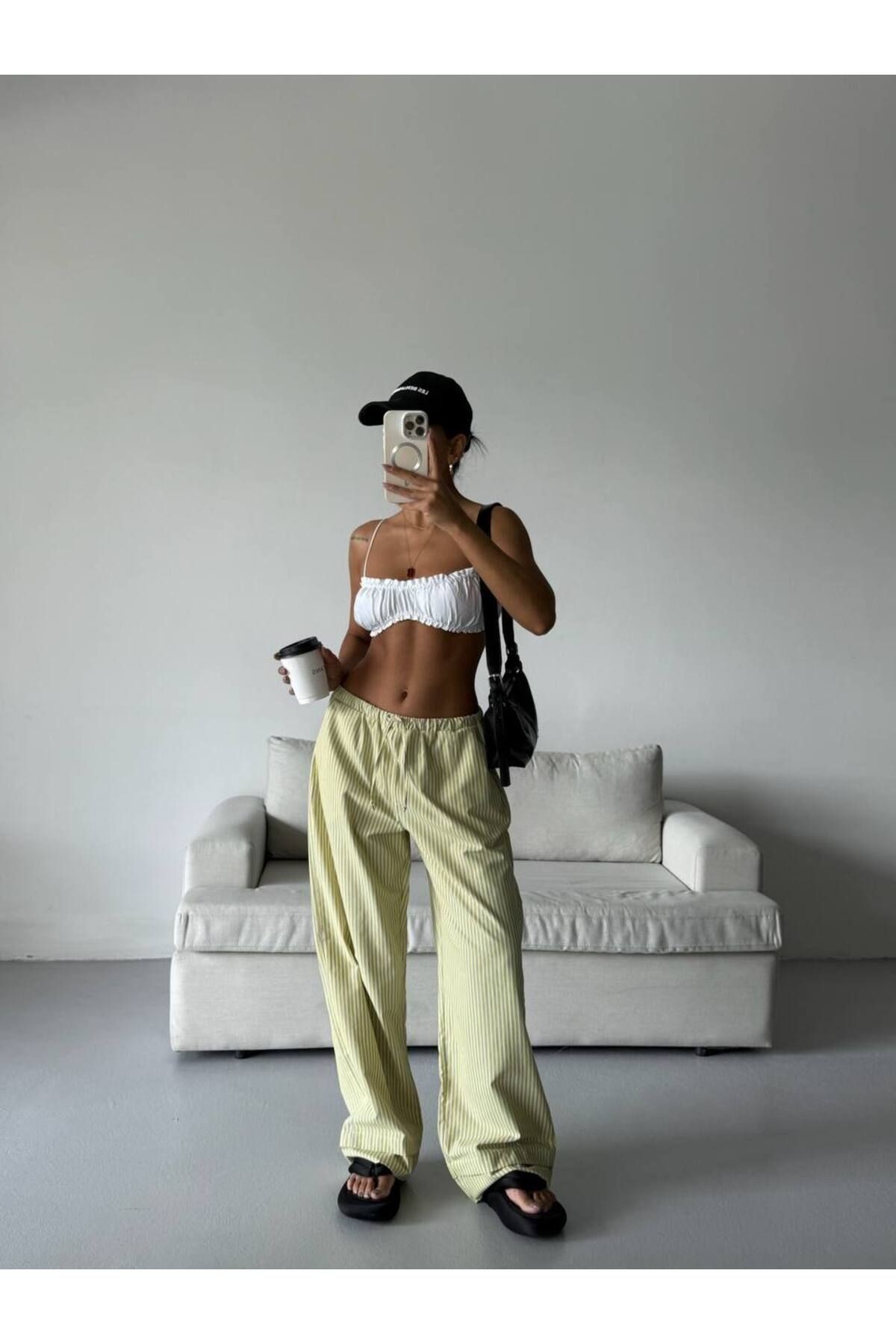 Çizgili Bel Lastikli Oversize Pantolon