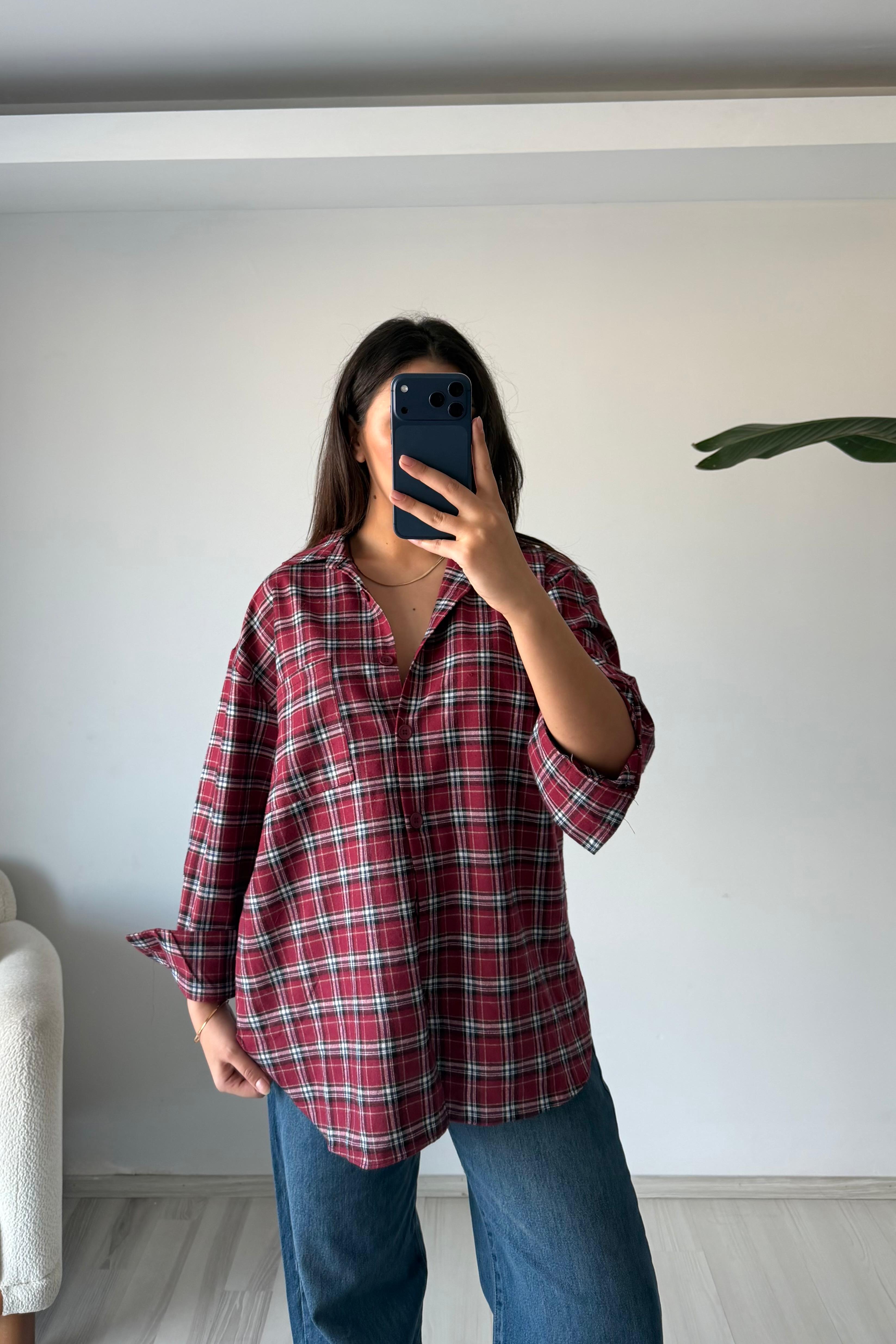 Oduncu Dokulu Kareli Oversize Gömlek - kırmızı