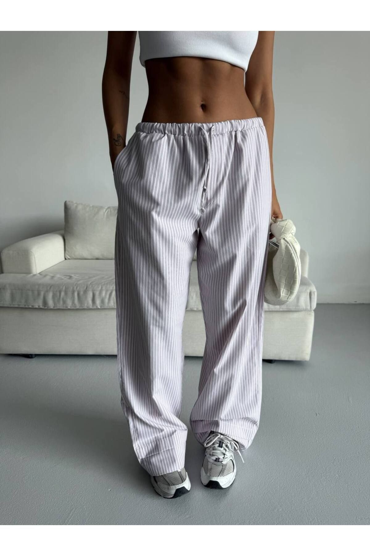 Çizgili Bel Lastikli Oversize Pantolon