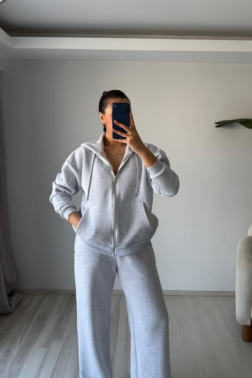 Gri Üç İplik Şardonlu Oversize Eşofman Takımı