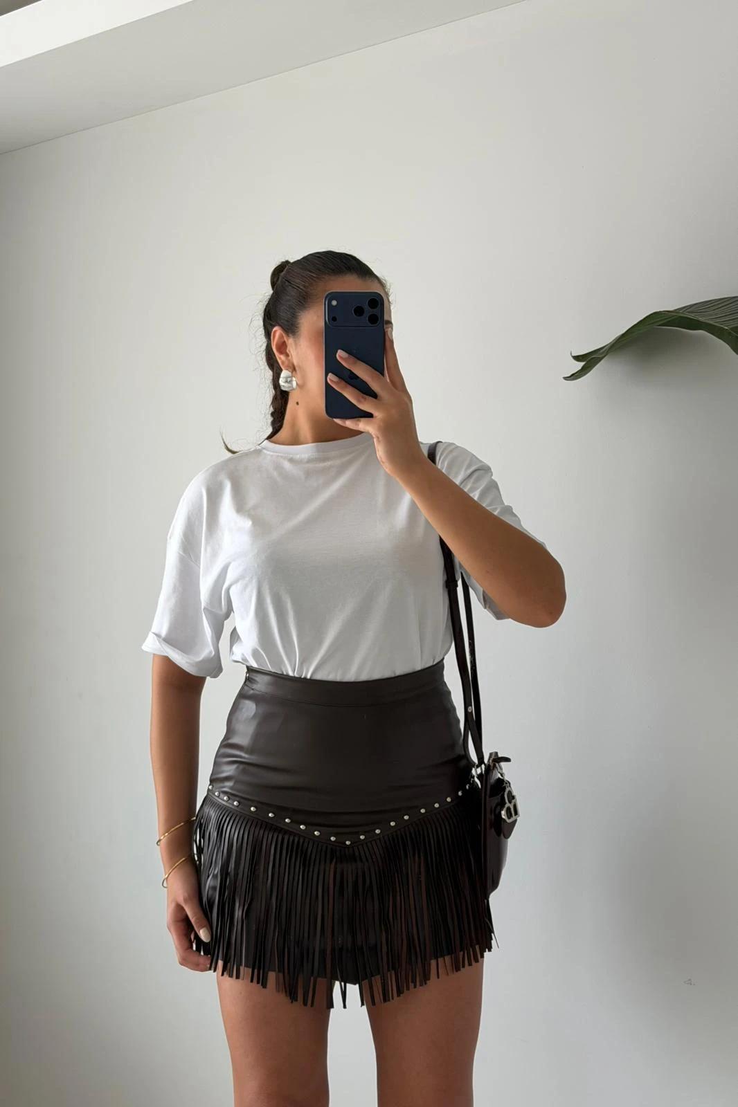 Püskül Detaylı Suni Deri Mini Etek