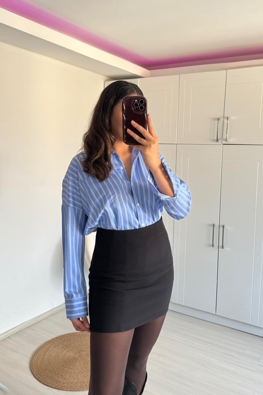 Mavi Çizgili Oversize Tek Cep Gömlek