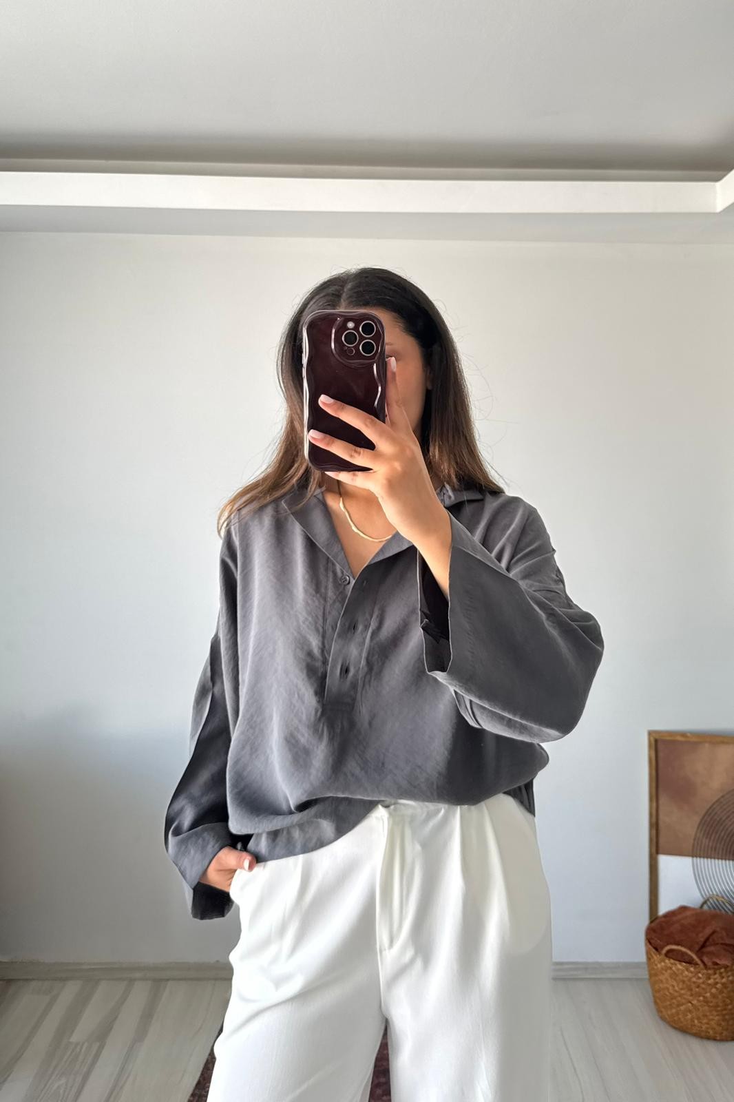 Gamla Oversize Keten Dokulu Polo Yaka Gömlek