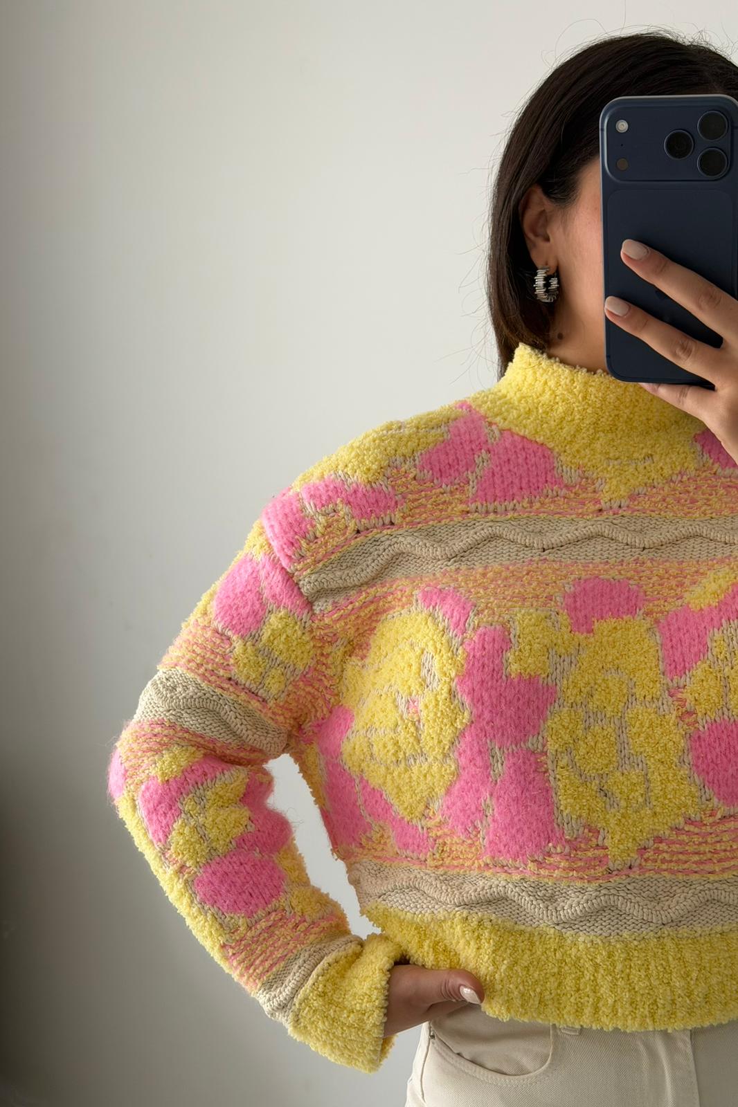 Peluş Dokulu Desenli Triko Kazak