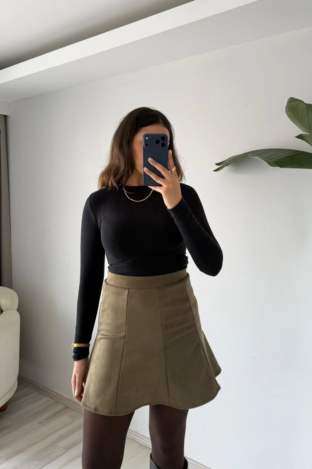 A Kesim Süet Mini Etek – Haki