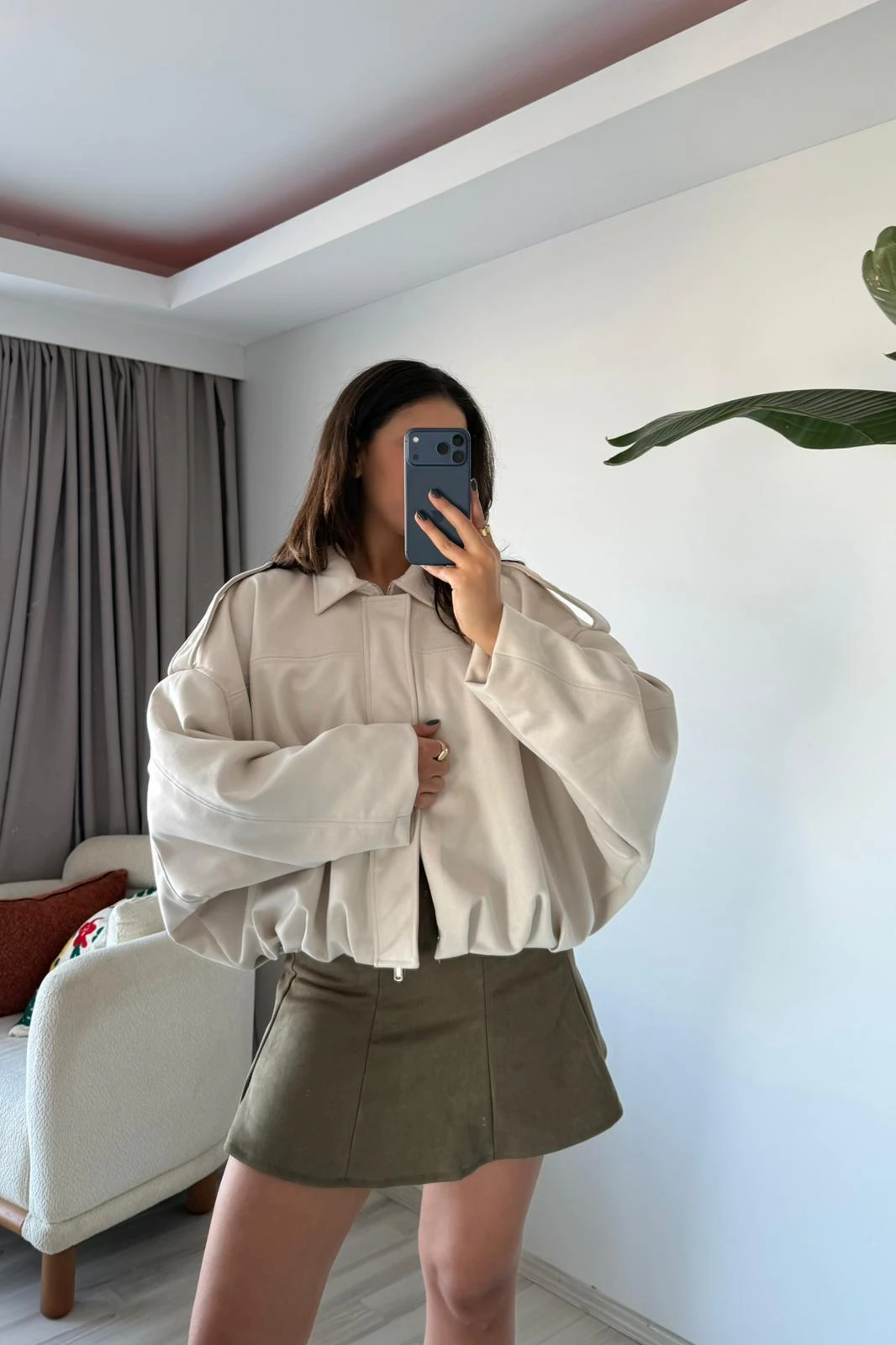 Süet Oversize Ceket - ekru