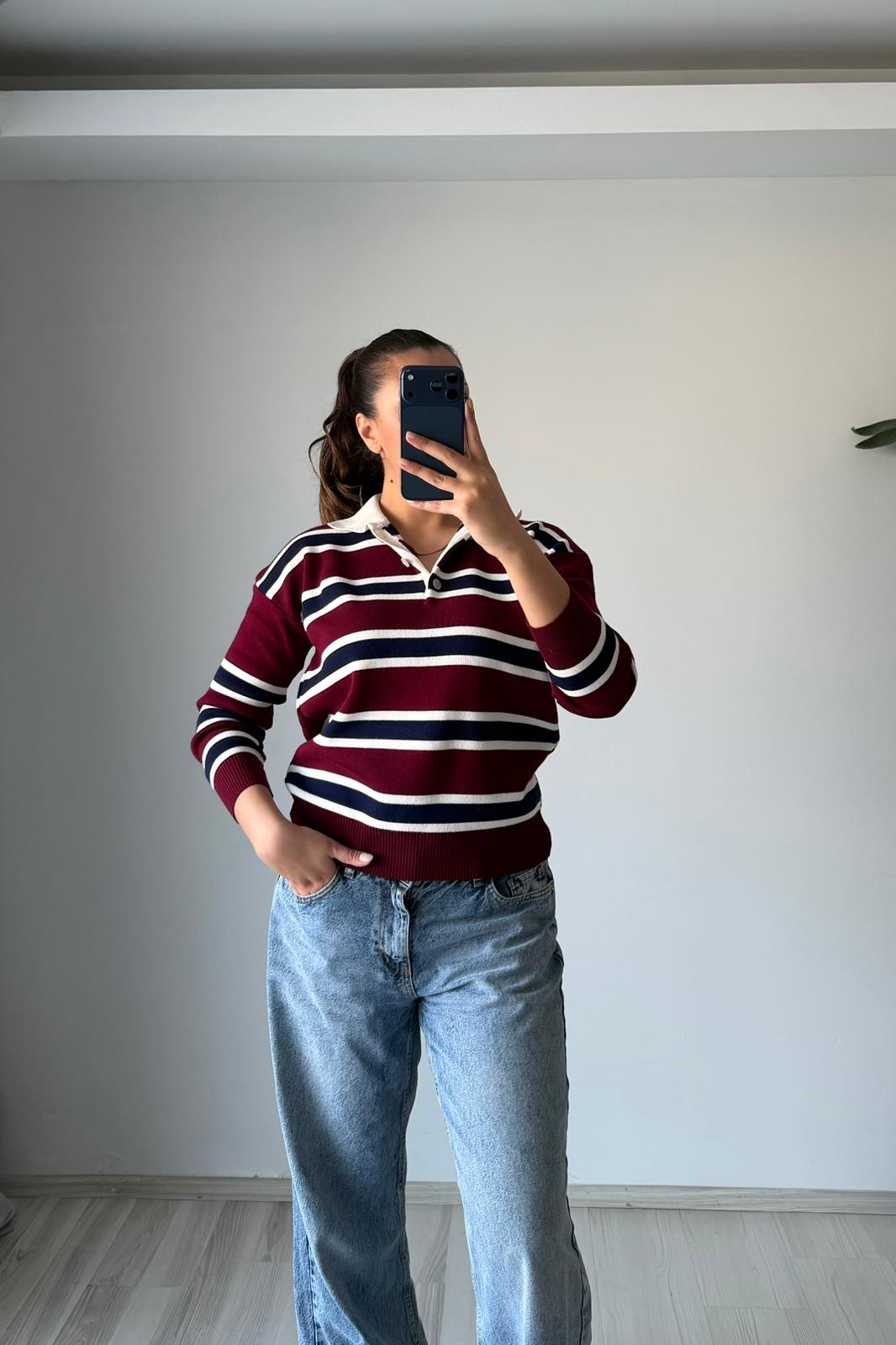 Polo Çizgi Triko – Bordo