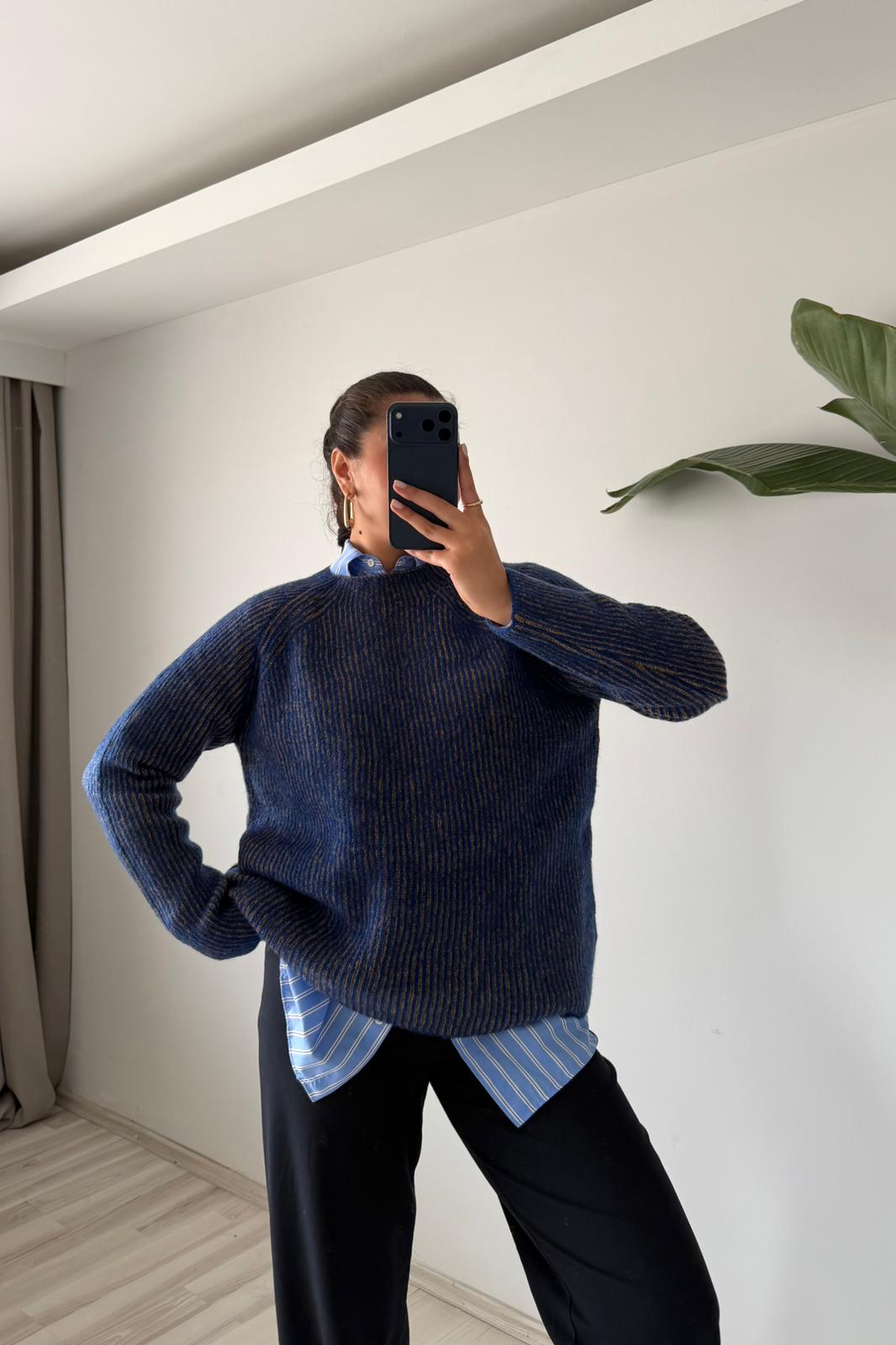 Raglan Fit Triko Kazak - mavi