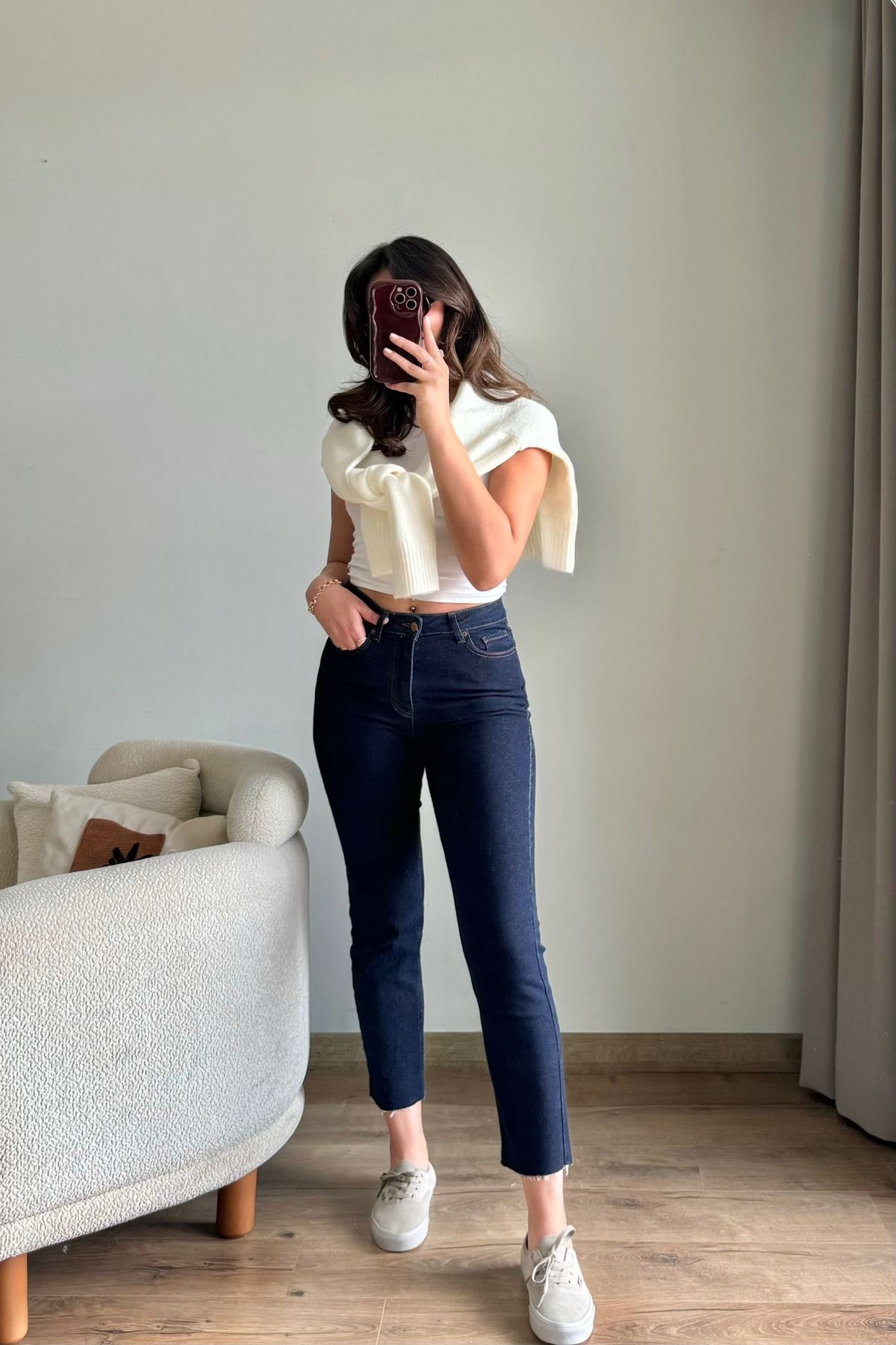 Mom Fit Kot Pantolon Standart Bel Cepli Pamuklu - Mom Jean