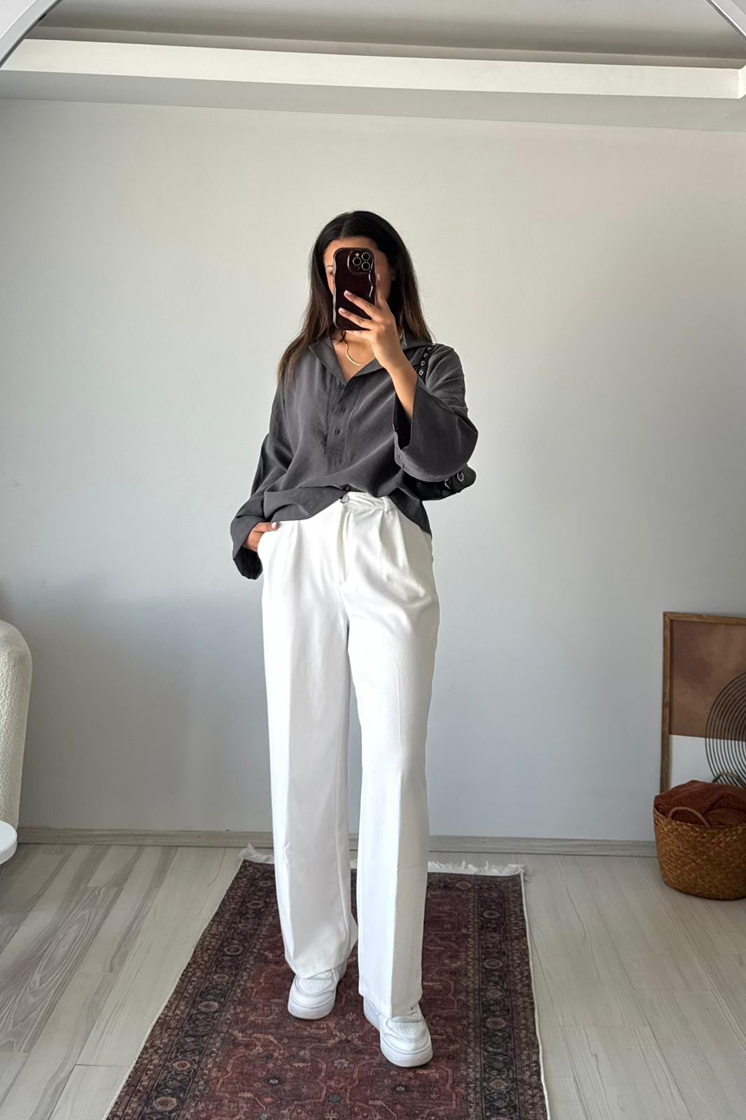 Gamla Oversize Keten Dokulu Polo Yaka Gömlek